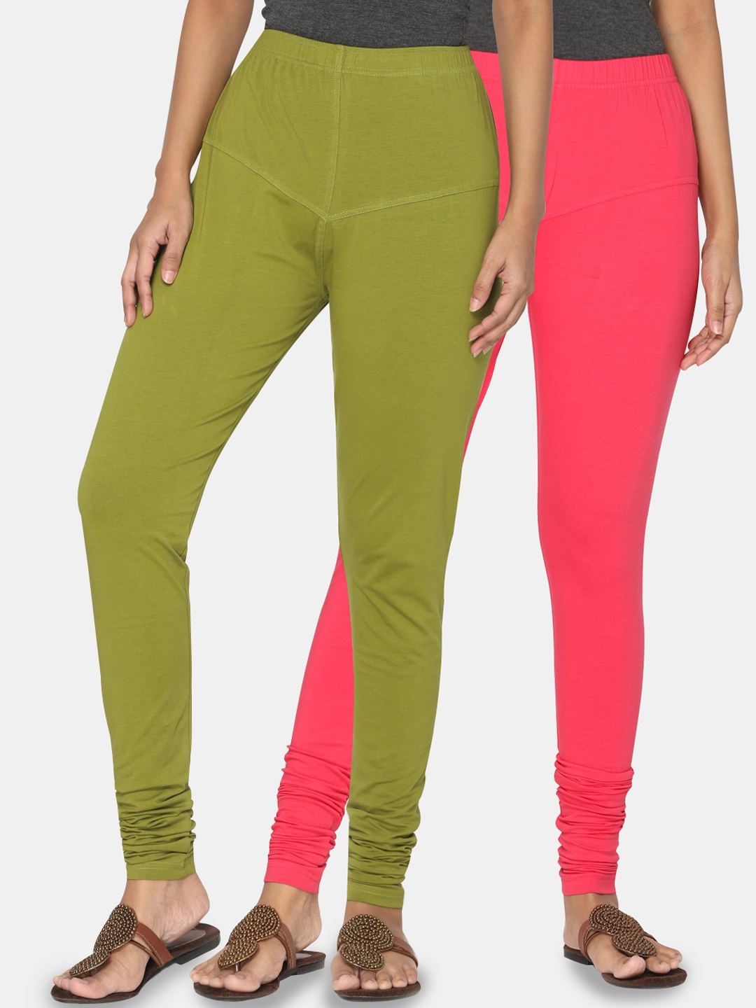 

TSG Bliss Women Pack Of 2 Solid Churidar-Length Leggings, Olive