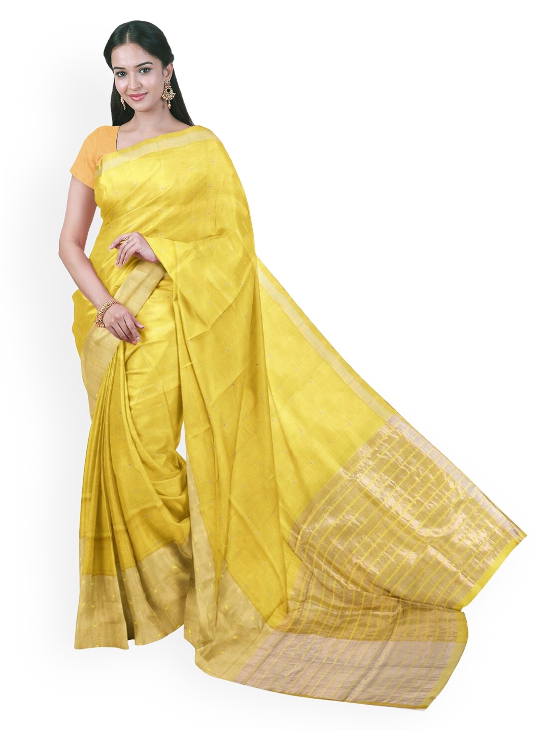 

APCO Yellow & Gold-Toned Silk Blend Woven Design Venkatgiri Saree