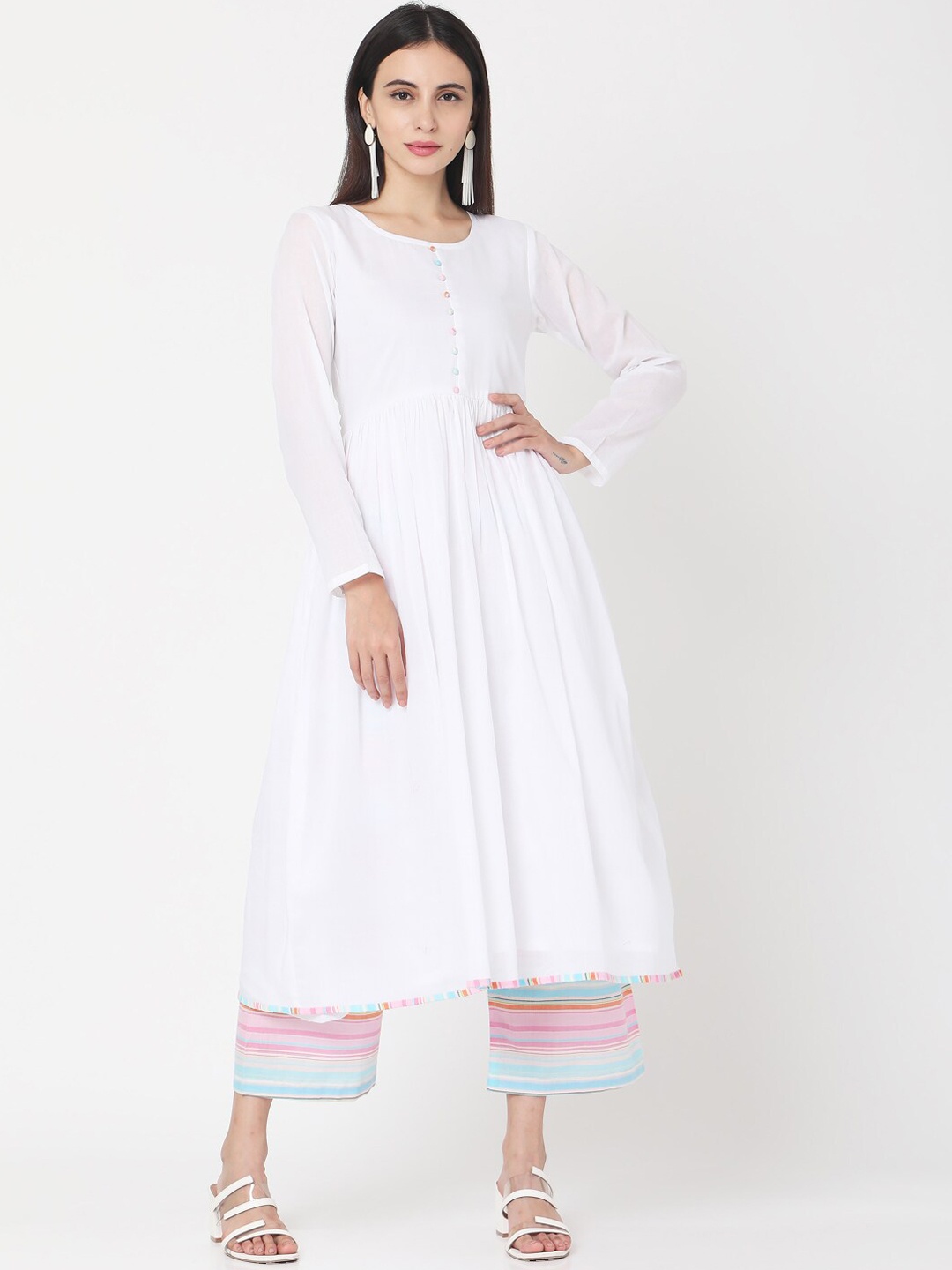 

Saanjh Women White & Pink Solid Kurta with Palazzos