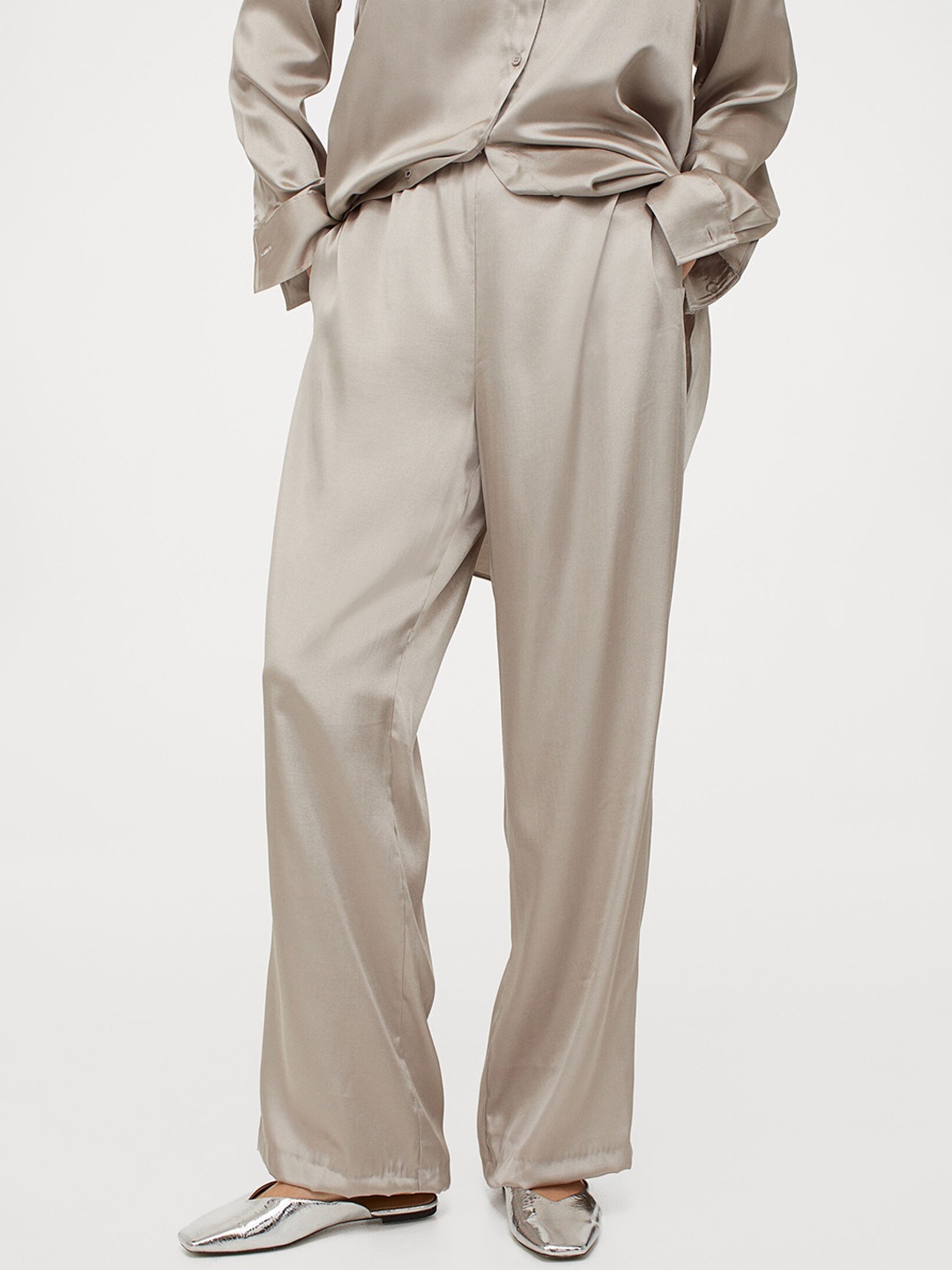 

H&M Women Beige Solid Wide Satin Trousers