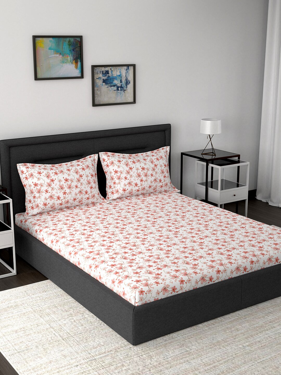 

In-House by maspar White & Pink Floral 210 TC Cotton 1 Queen Bedsheet with 2 Pillow Covers