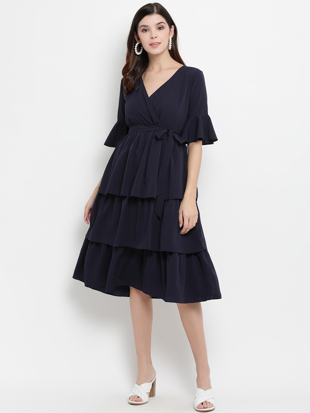 

THREAD MUSTER Women Navy Blue Solid Fit and Flare Dress