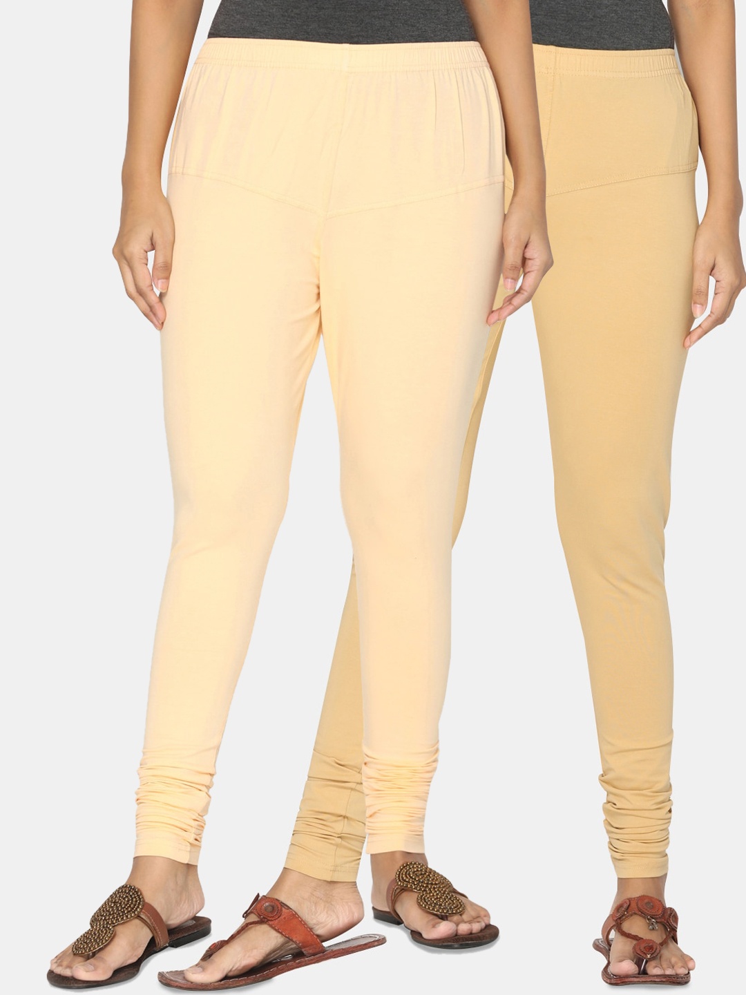 

TSG Bliss Women Pack Of 2 Beige & Peach-Colored Solid Churidar-Length leggings