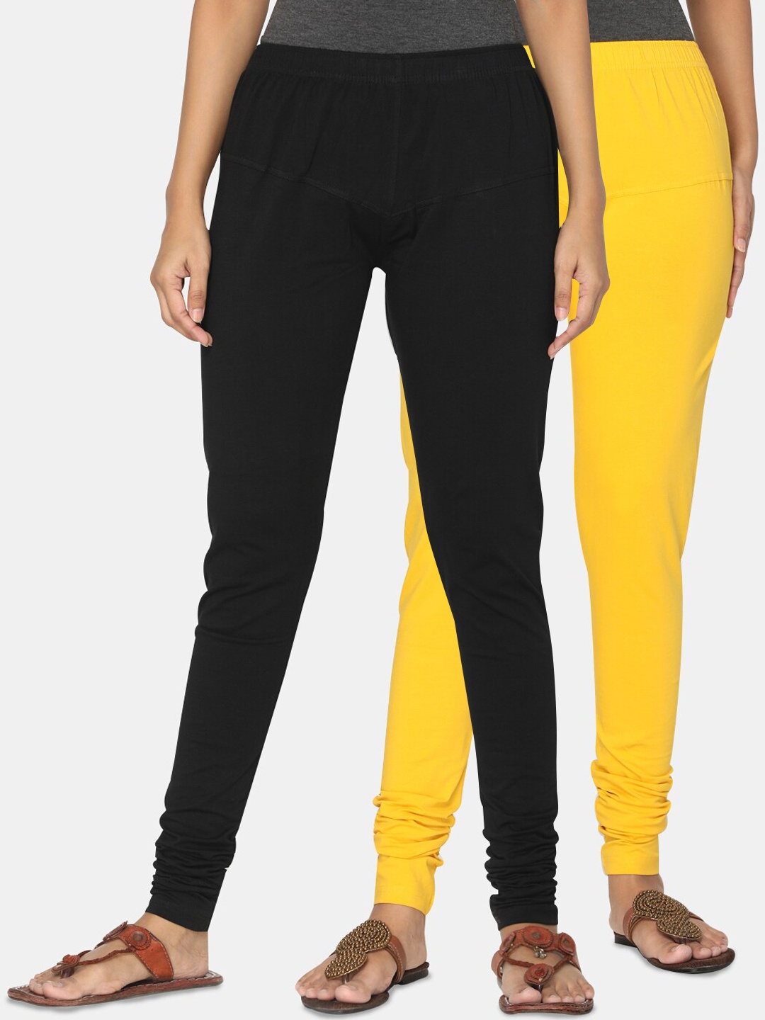 

TSG Bliss Women Pack Of 2 Black & Yellow Solid Churidar-Length leggings