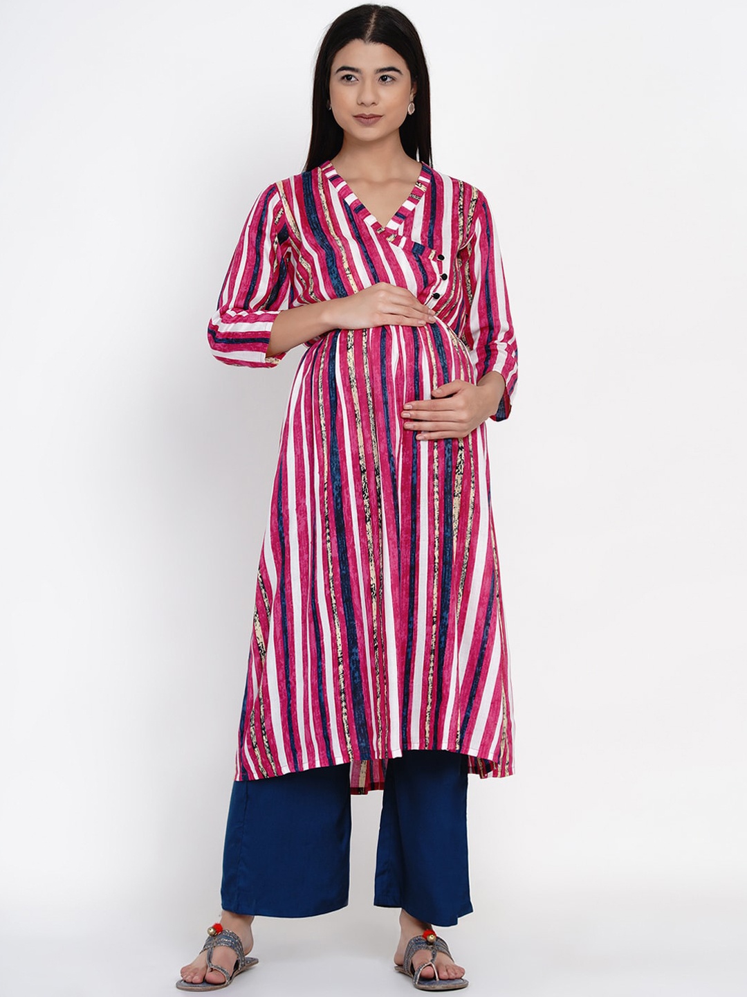 

Mine4Nine Women Pink & Blue Striped Kurta with Palazzos