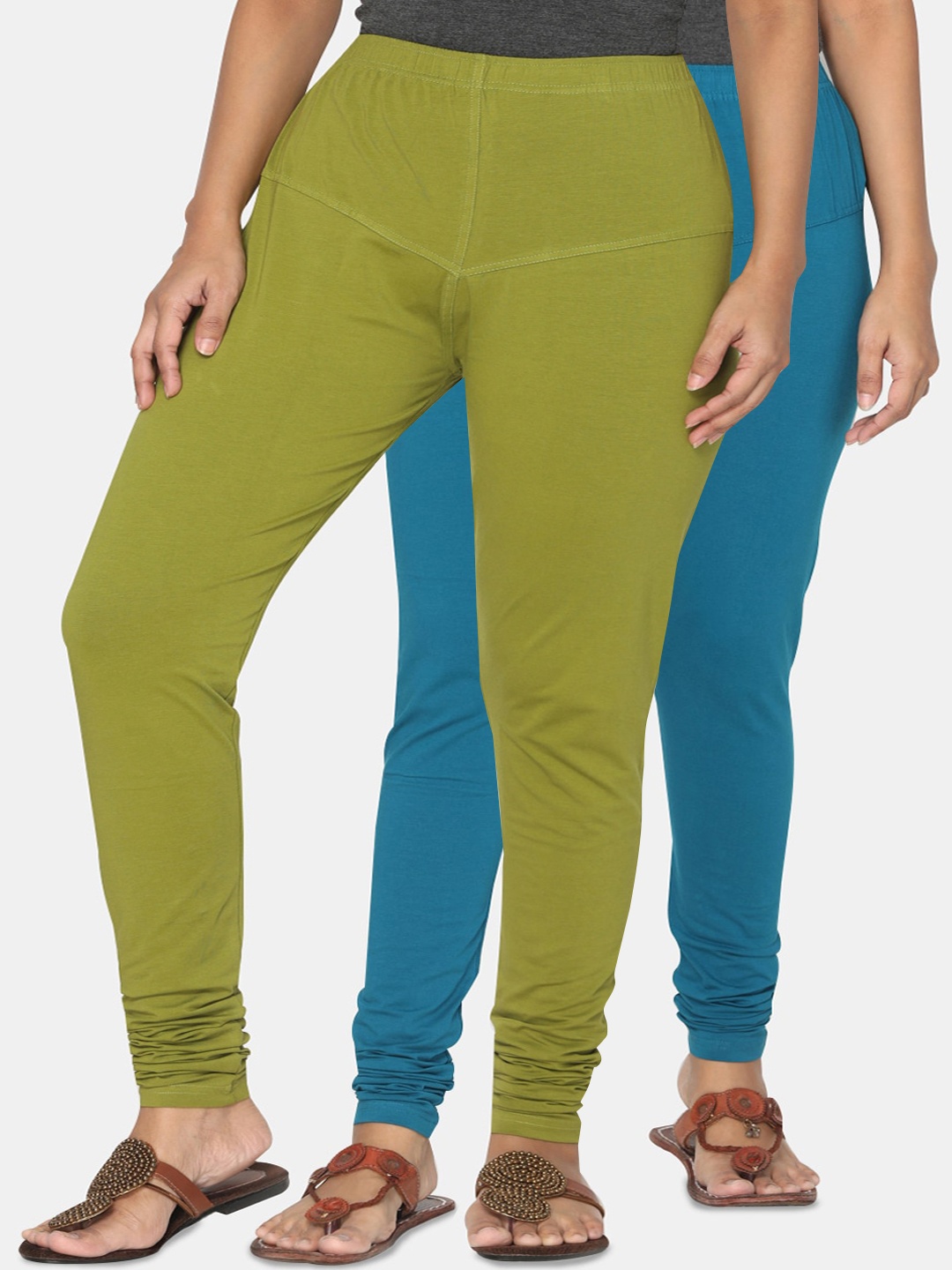 

TSG Bliss Women Pack of 2 Solid Churidar Leggings, Olive