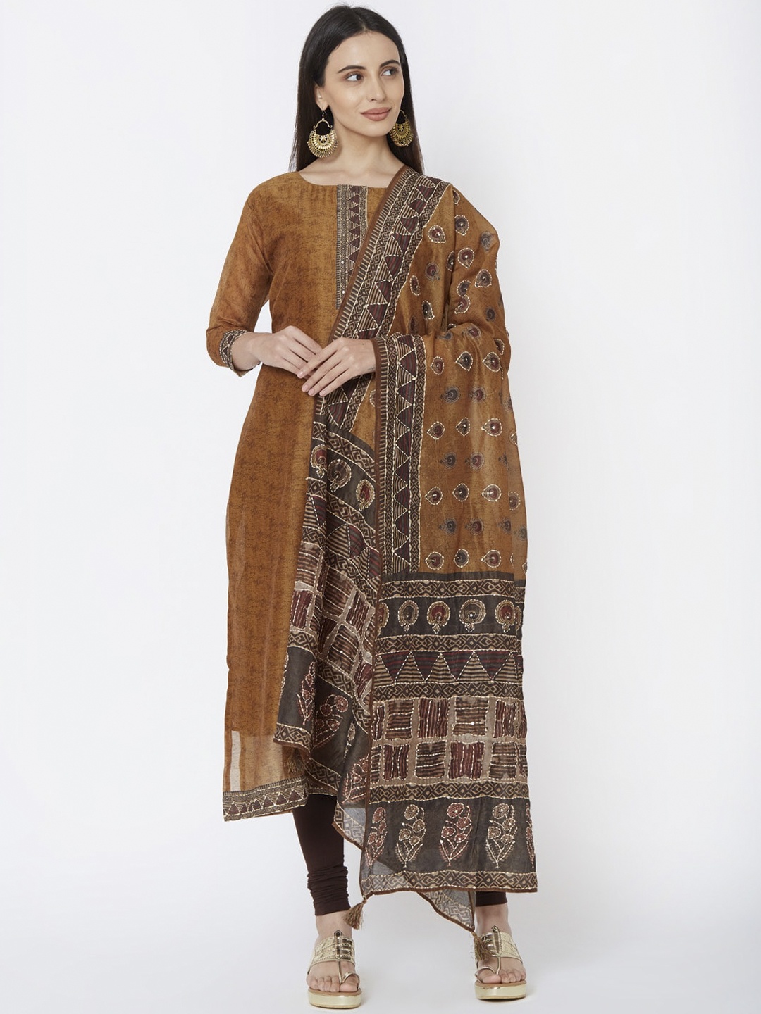 

FASHOR Women Brown & Off-White Printed A-Line Kurta With Dupatta