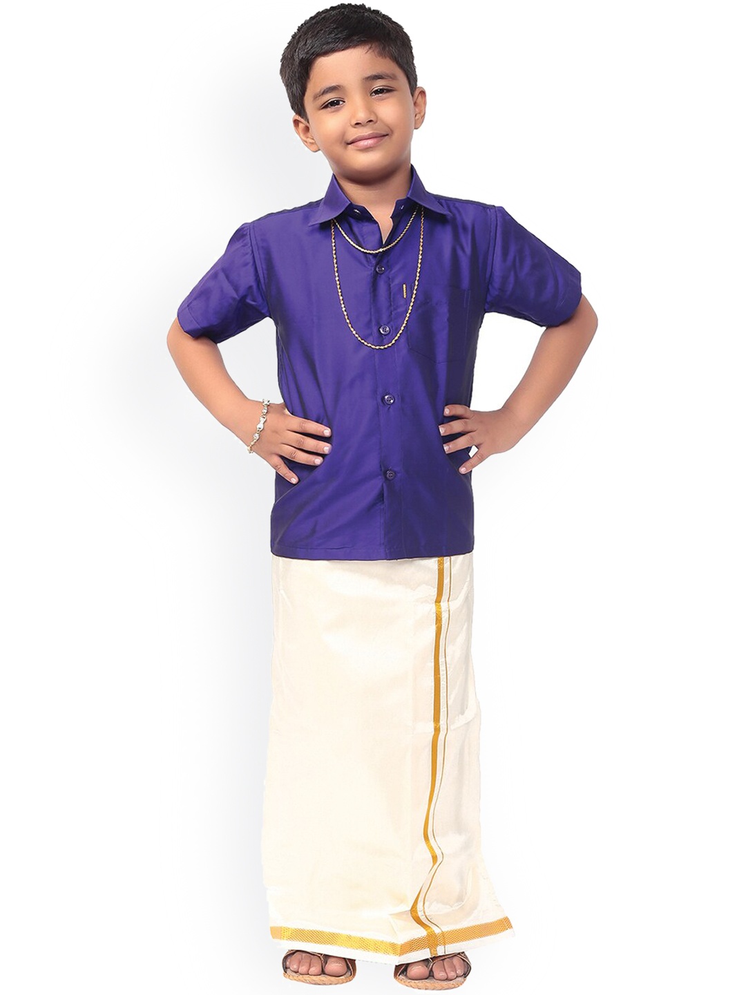 

Thangamagan Boys Blue & Off-White Solid Shirt and Veshti