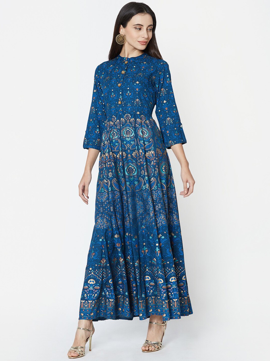 

FASHOR Women Blue & Gold Printed Maxi Dress