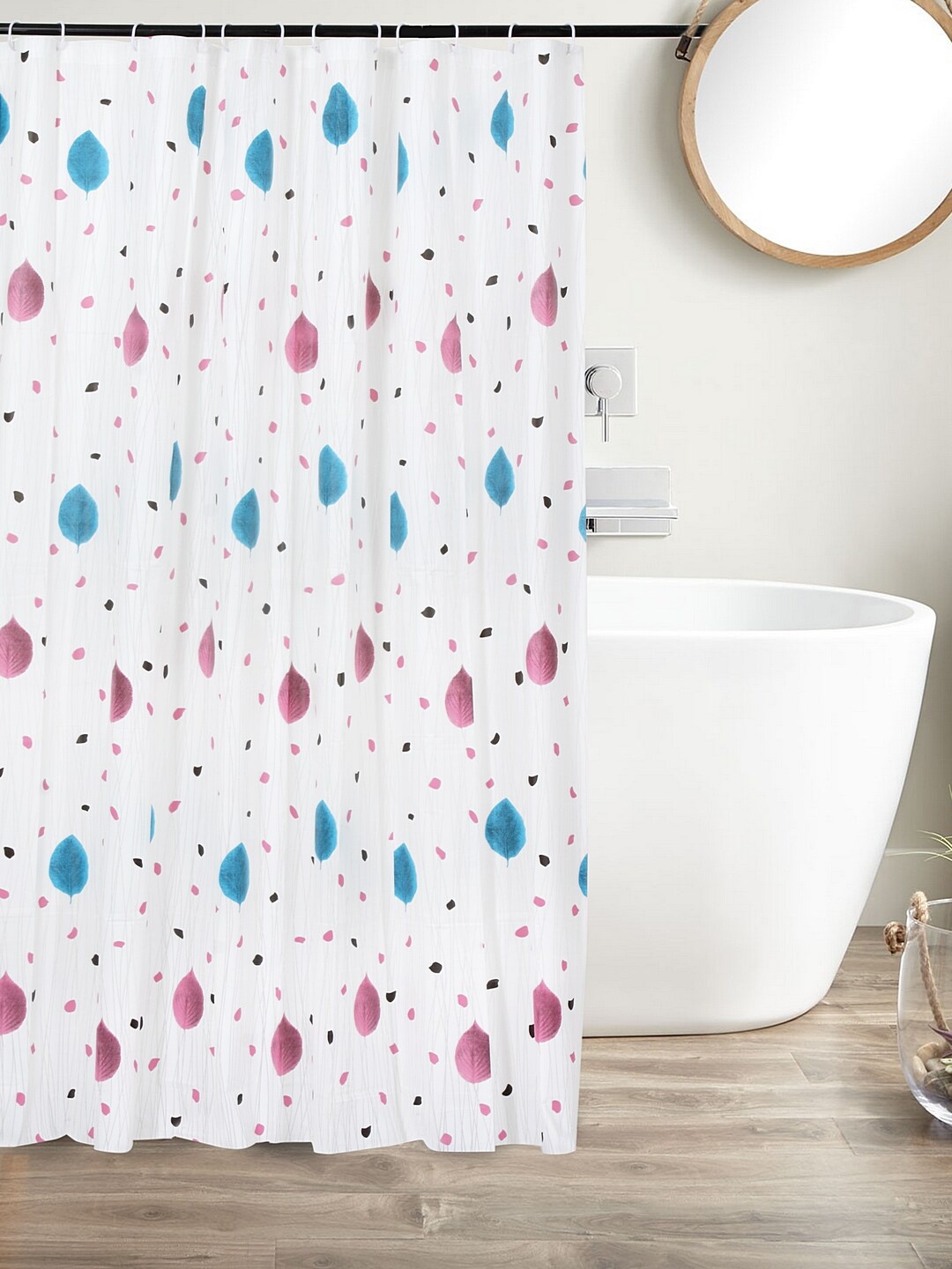 

Clasiko White & Pink Printed Shower Curtain With Hooks