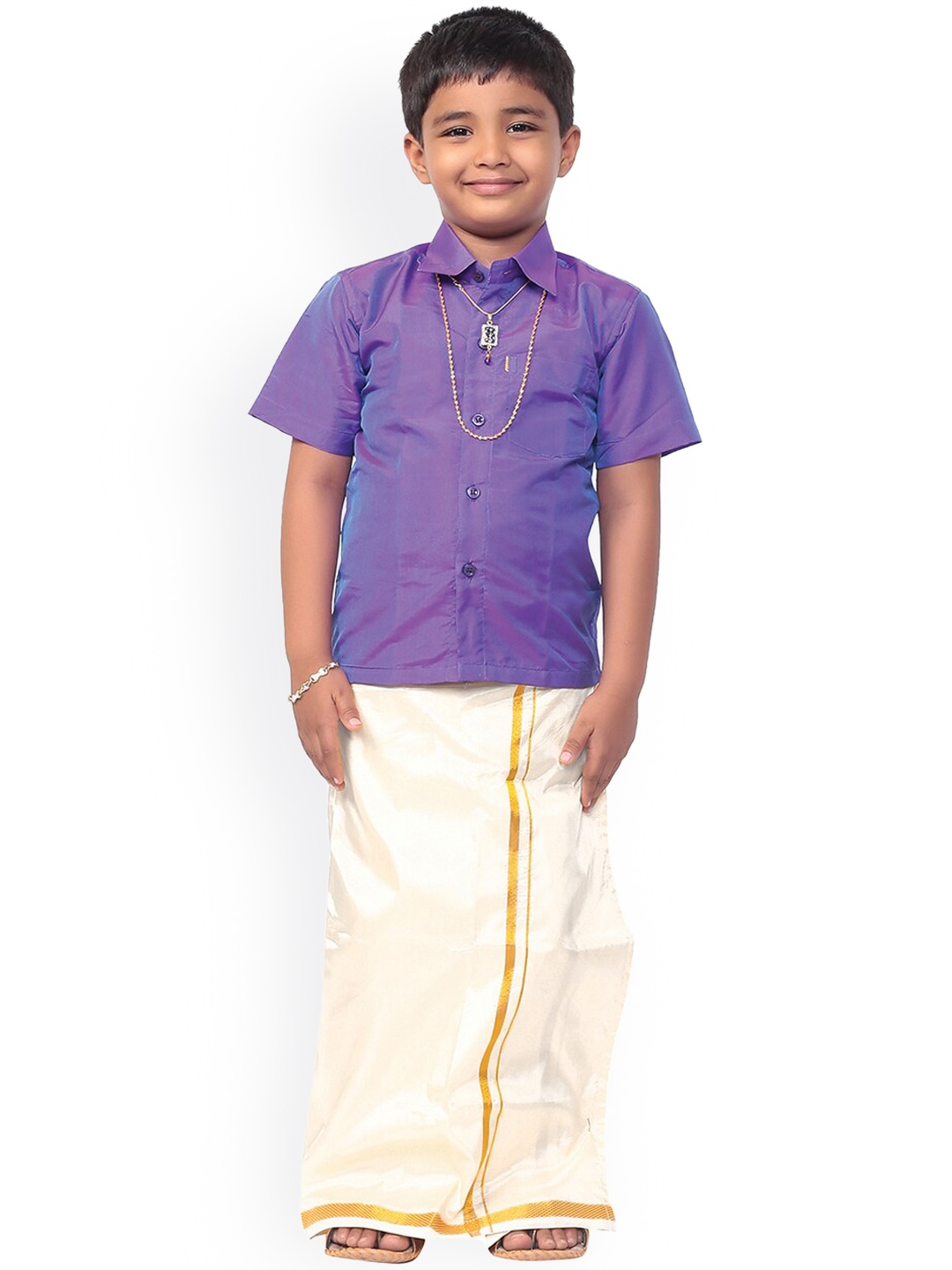 

Thangamagan Boys Purple & Cream-Coloured Solid Shirt and Veshti