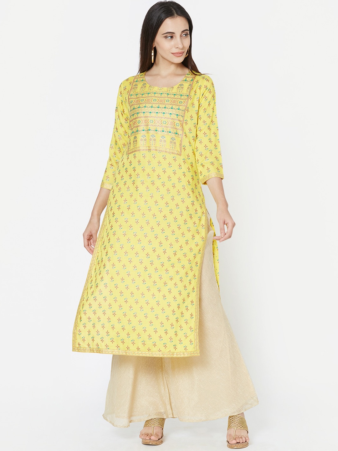

FASHOR Women Yellow & Green Printed Straight Kurta