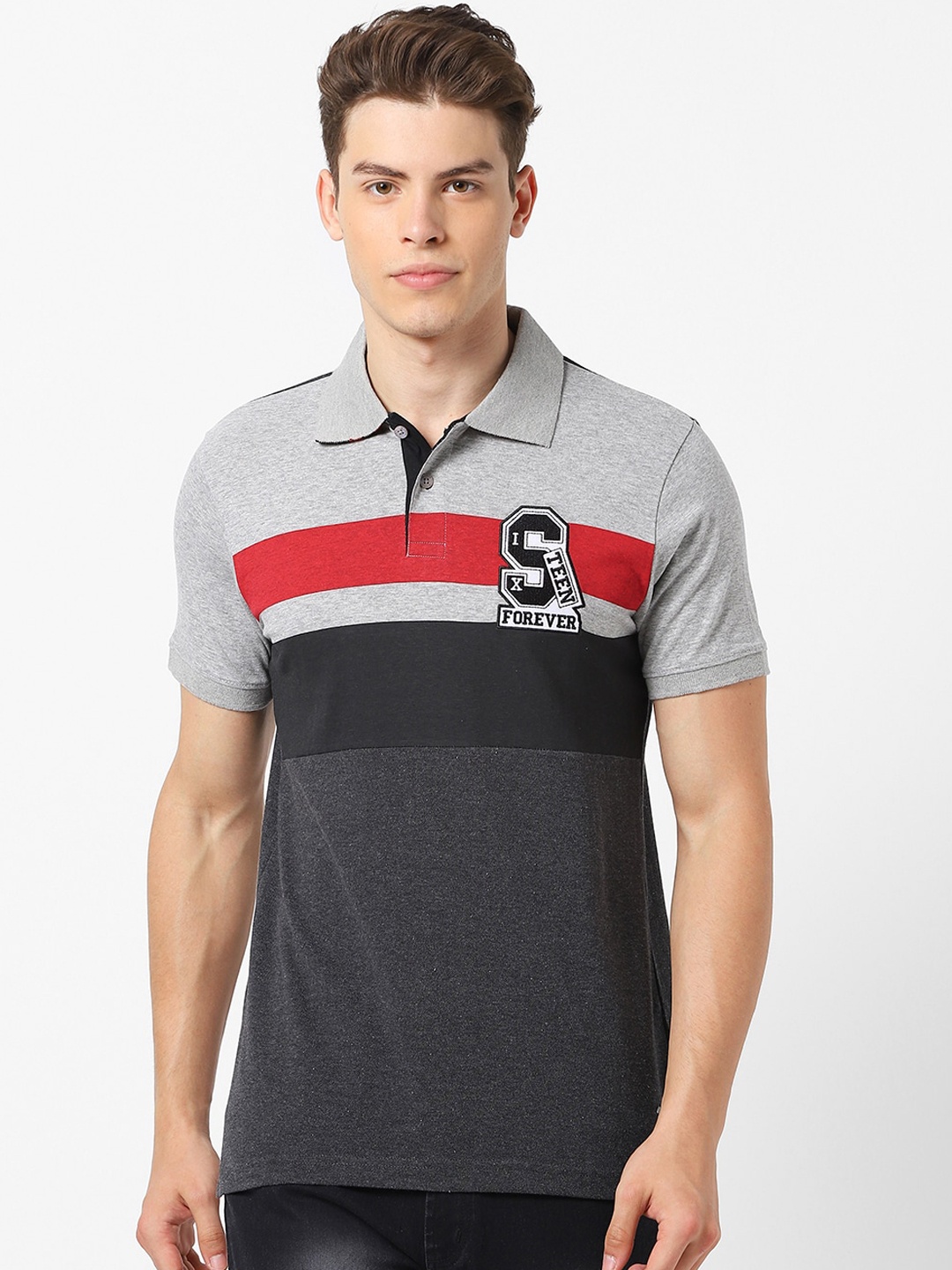 

MARCA Disati Men Grey Melange Striped Polo Collar T-shirt
