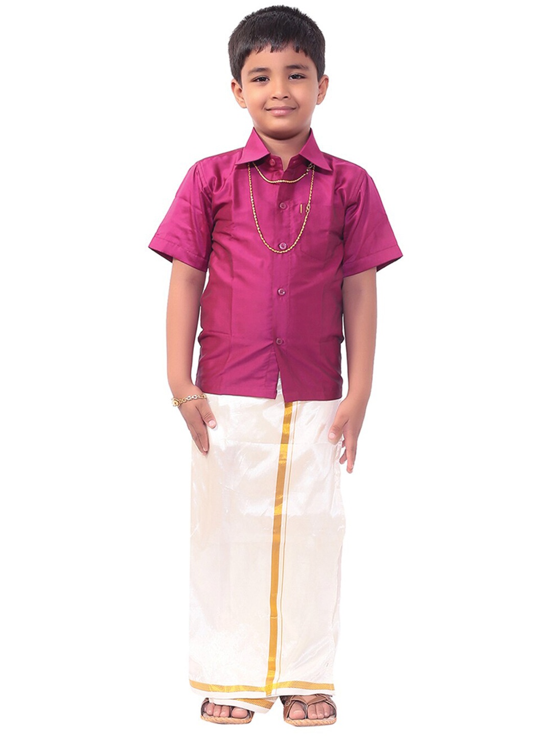 

Thangamagan Boys Pink & Off-White Solid Shirt and Veshti
