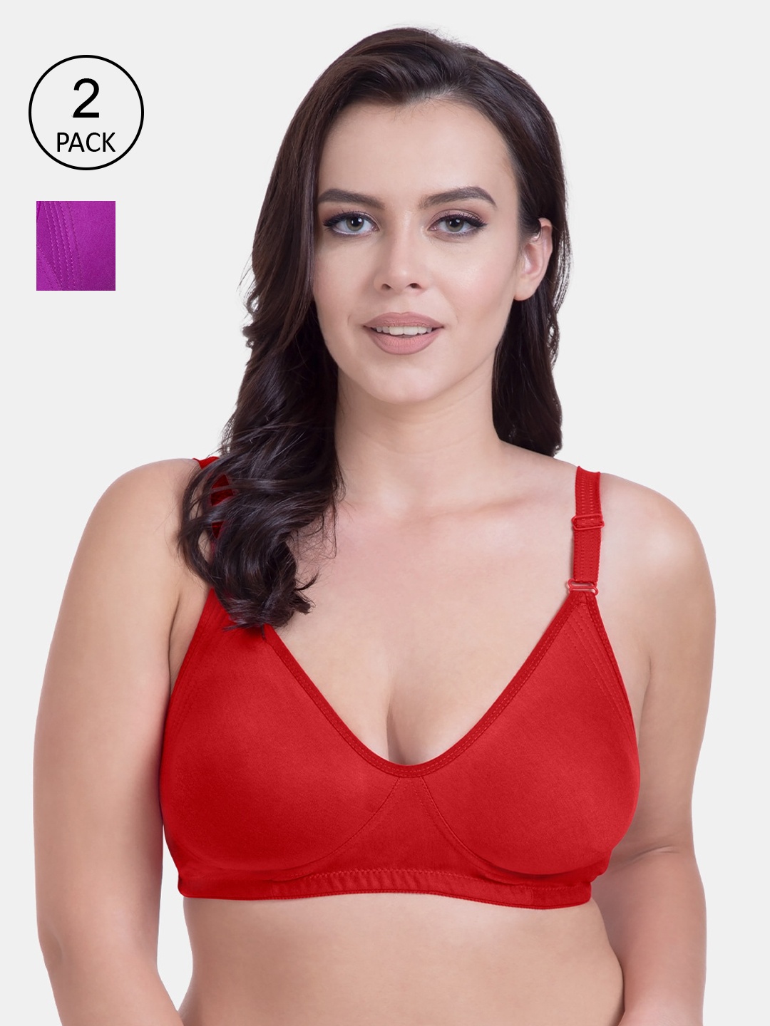 

Rajnie Women Pack Of 2 Solid Non-Wired Cotton Everyday Bras RJ-667, Red