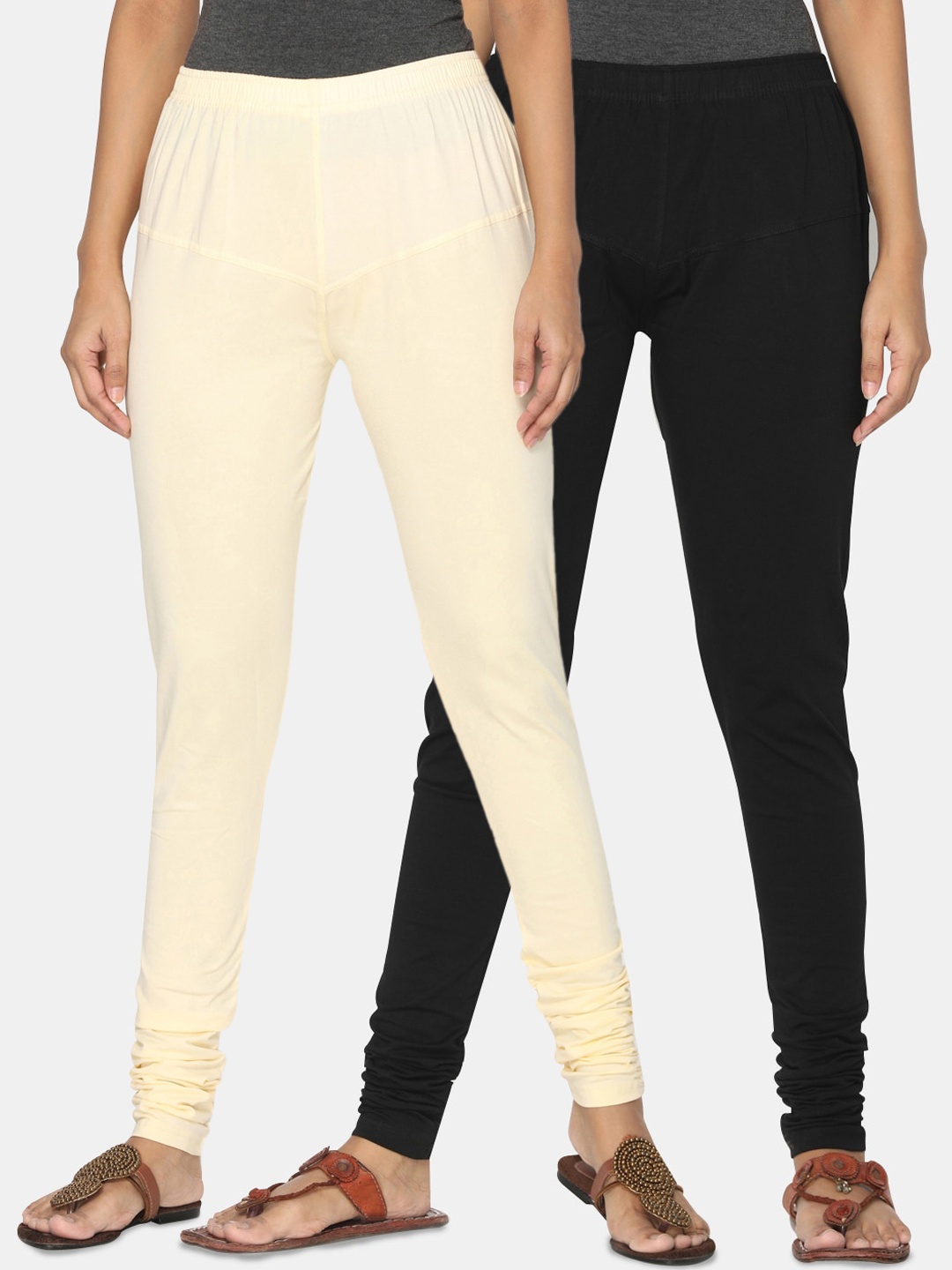 

TSG Bliss Women Pack Of 2 Black & Cream-Colored Solid Churidar-Length leggings