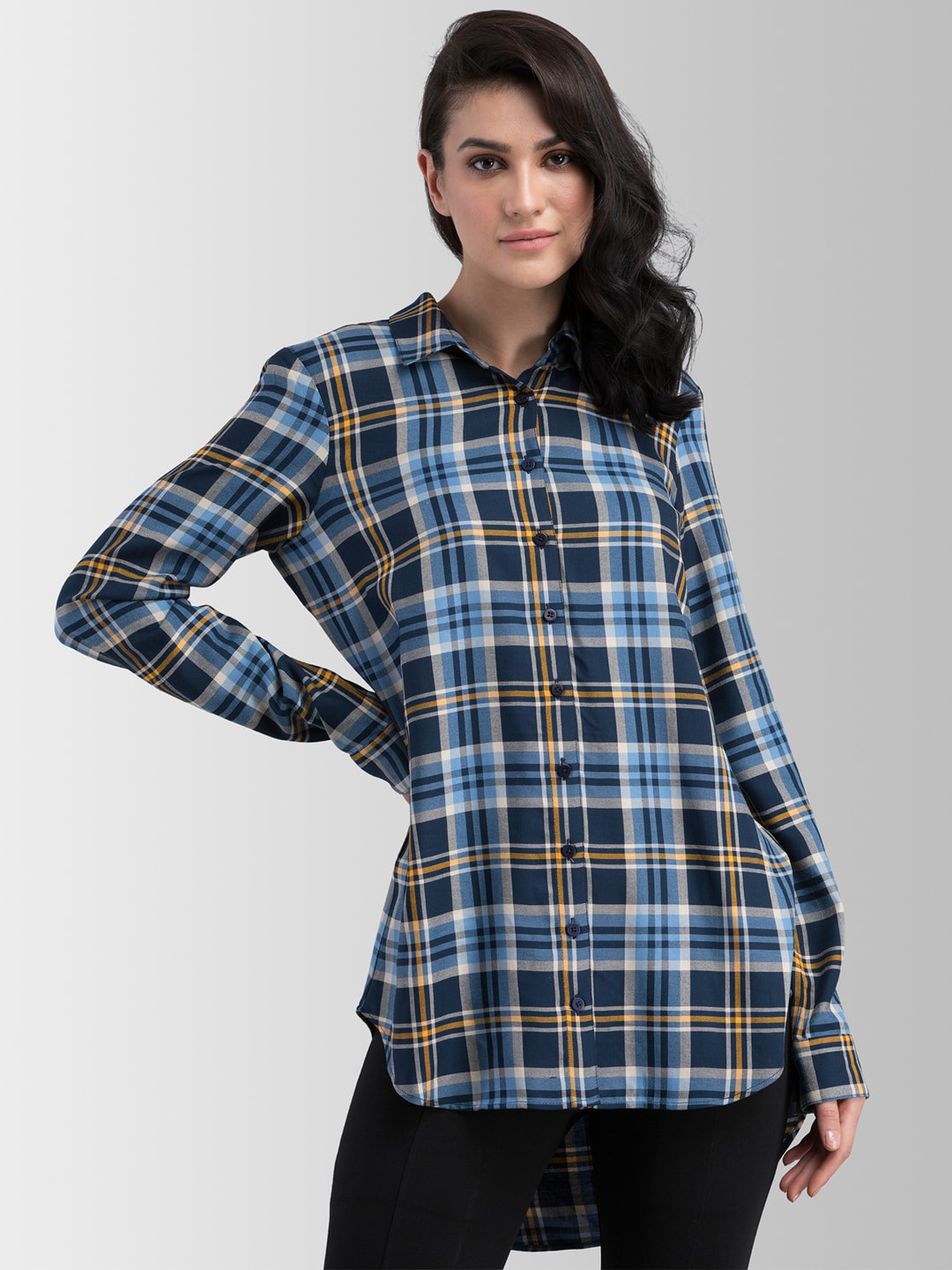 

FableStreet Women Navy Blue & White Regular Fit Checked Casual Shirt