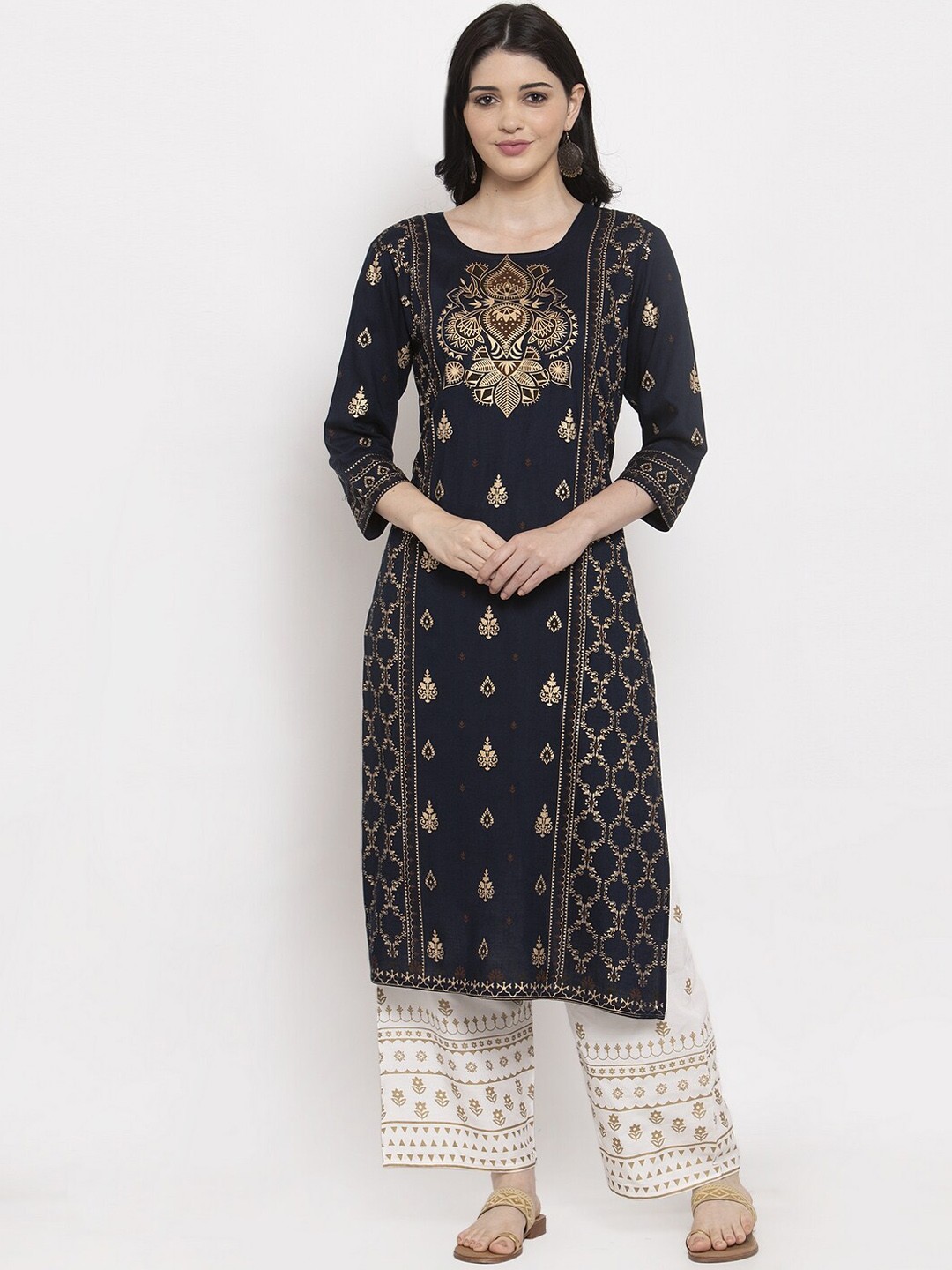 

ANAISA Women Navy Blue Printed Straight Kurta