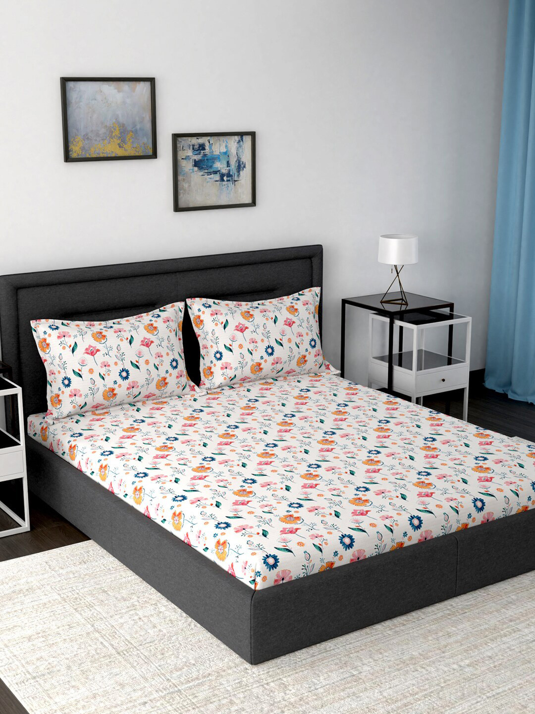 

In-House by maspar White & Orange Floral 160 TC Cotton 1 Queen Bedsheet with 2 Pillow Covers