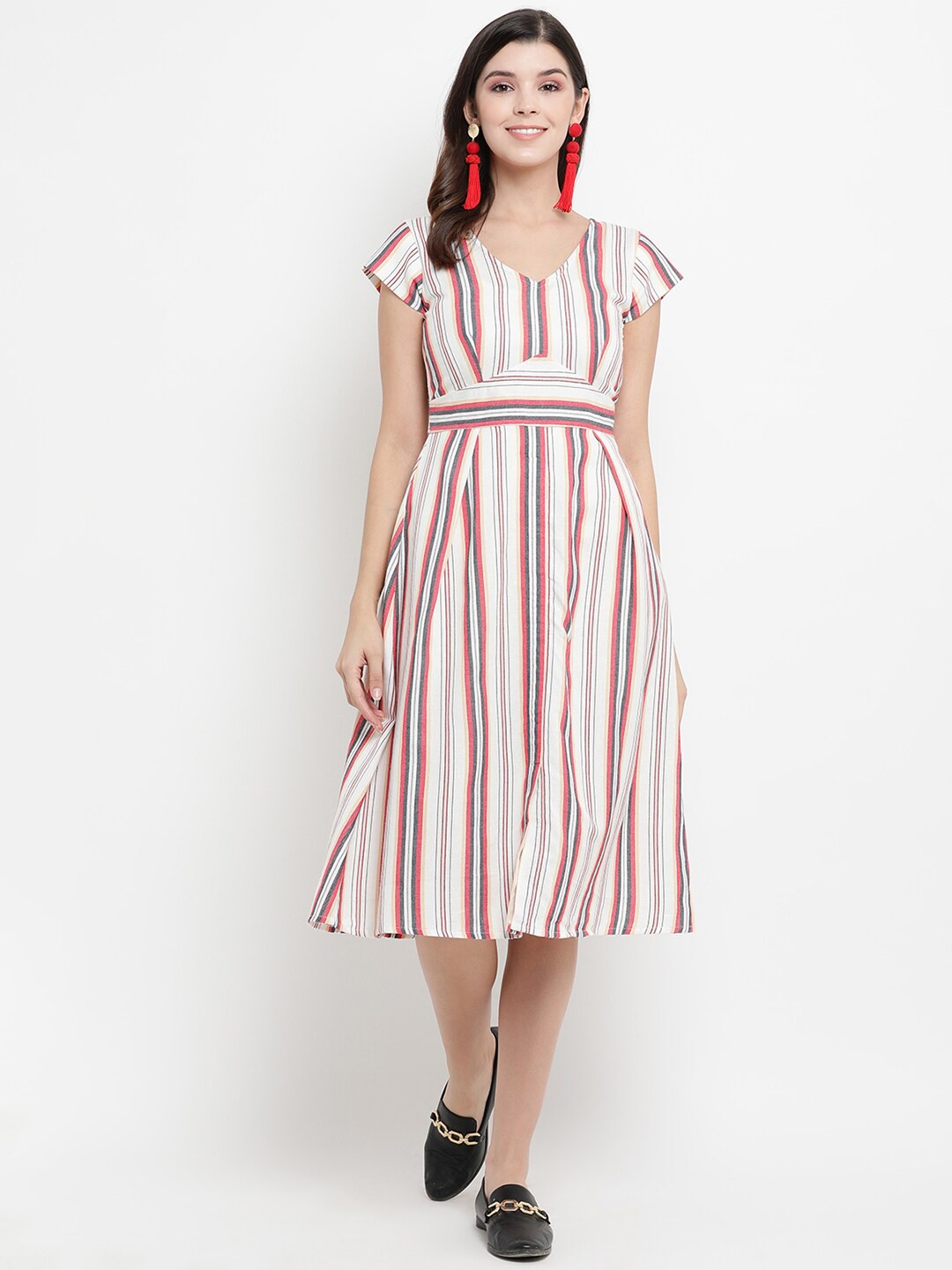 

THREAD MUSTER Women Red Striped Fit and Flare Dress