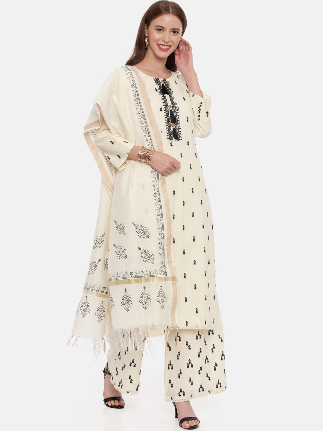 

Neerus Women Cream-Coloured Embroidered Kurta with Palazzos & Dupatta