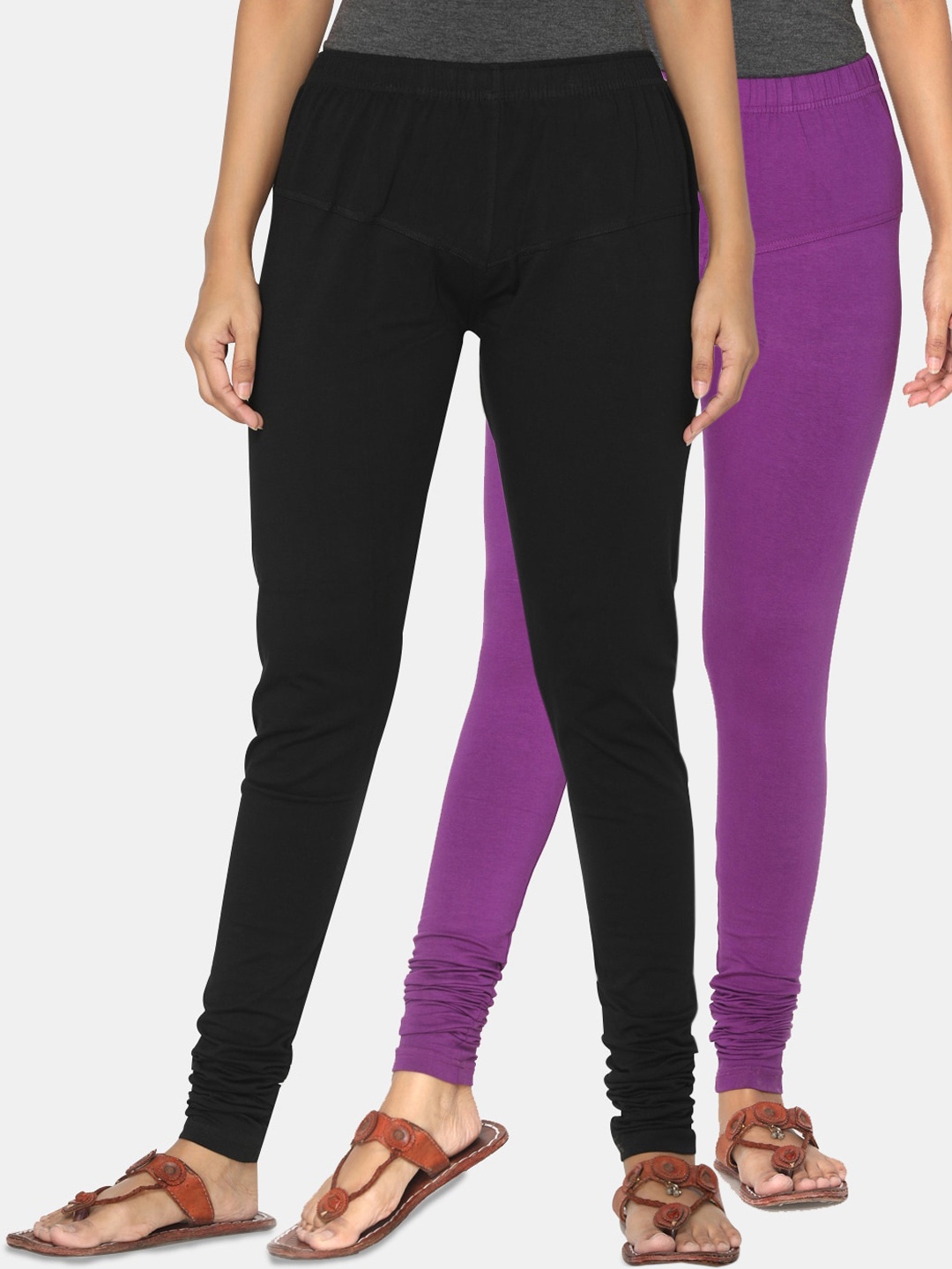TSG Bliss Women Pack Of 2 Black & Purple Solid Churidar-Length leggings