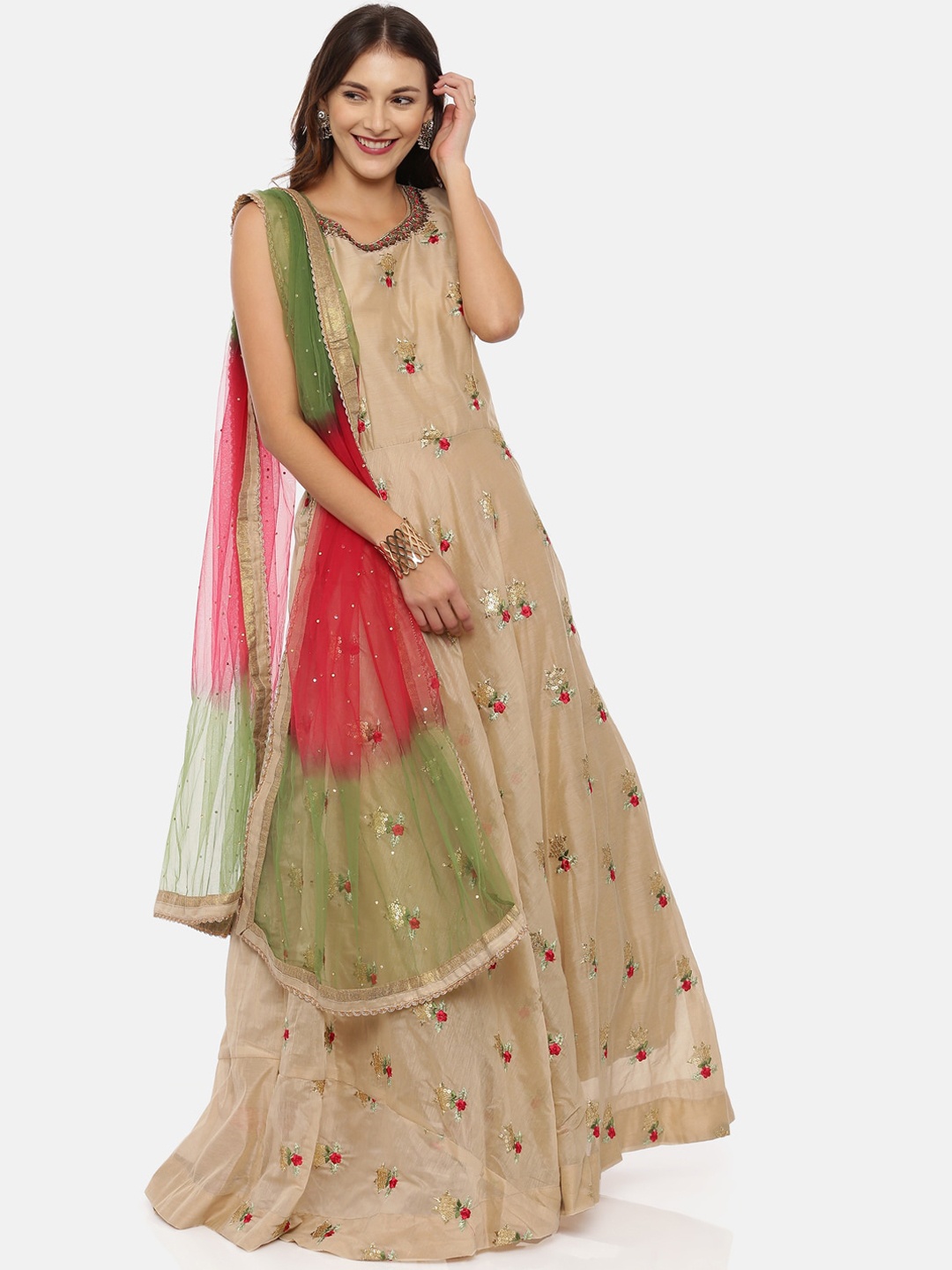 

Neerus Women Beige Embroidered Kurta with Palazzos & Dupatta