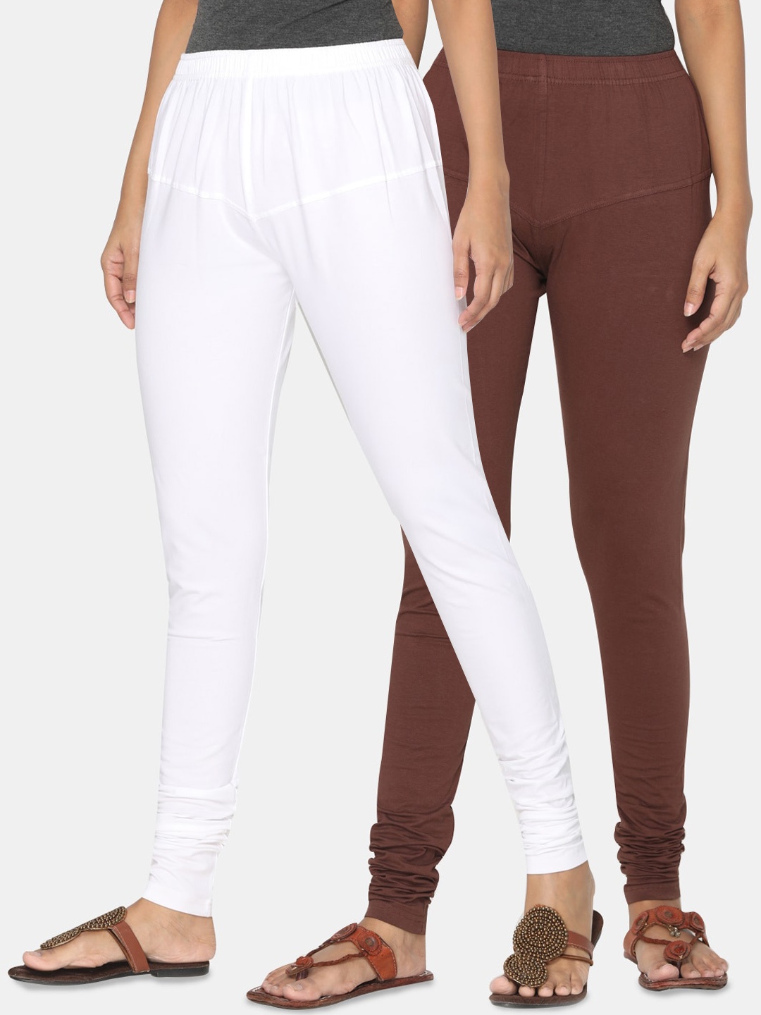 

TSG Bliss Women Pack Of 2 White & Brown Solid Churidar-Length Leggings
