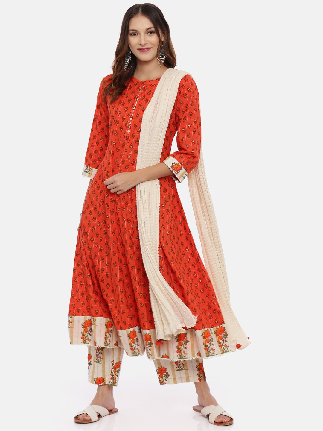 

Neerus Women Orange Printed Kurta with Palazzos & Dupatta