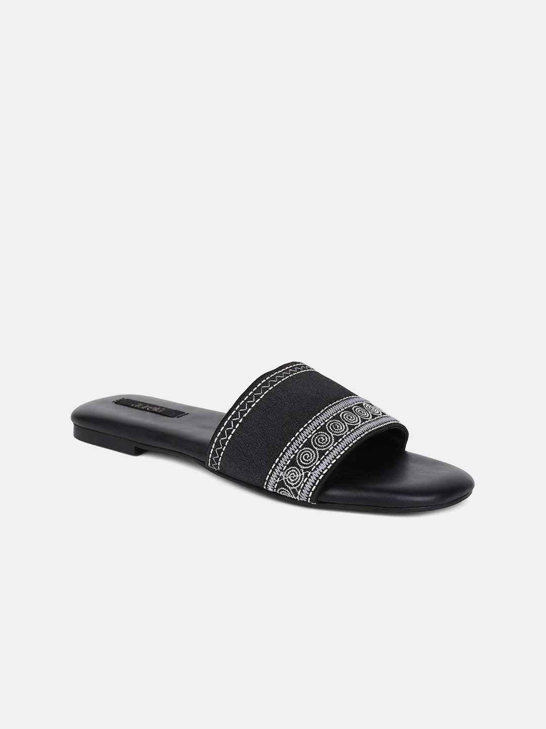 

AURELIA Women Black Textured Fabric Open Toe Flats