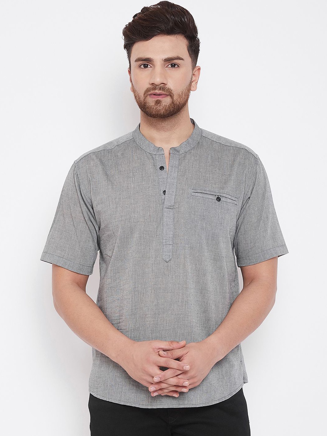 

even Men Grey Solid Fusion Short Straight Kurta