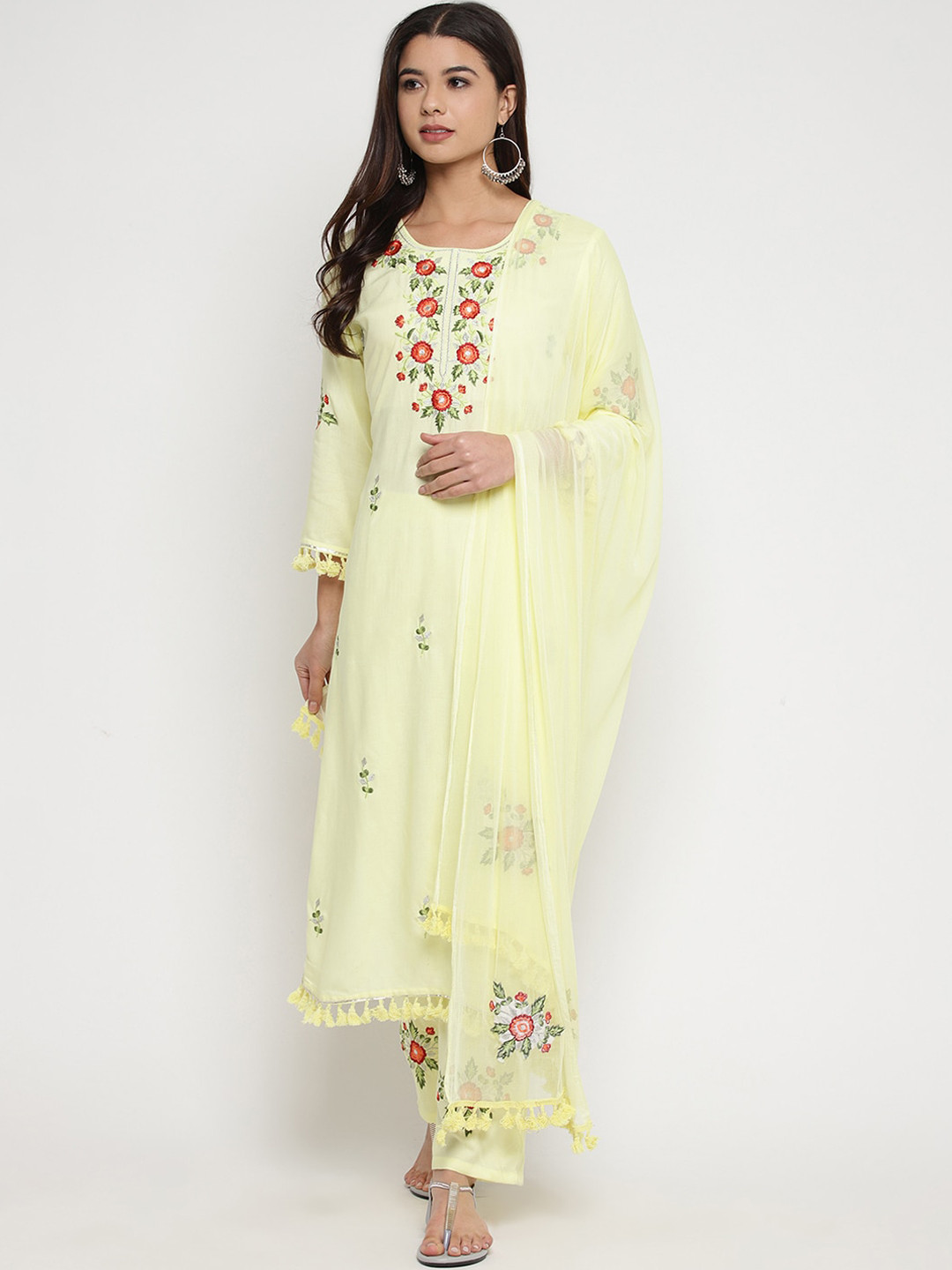 

Prakhya Women Yellow Embroidered Kurta with Trousers & Dupatta