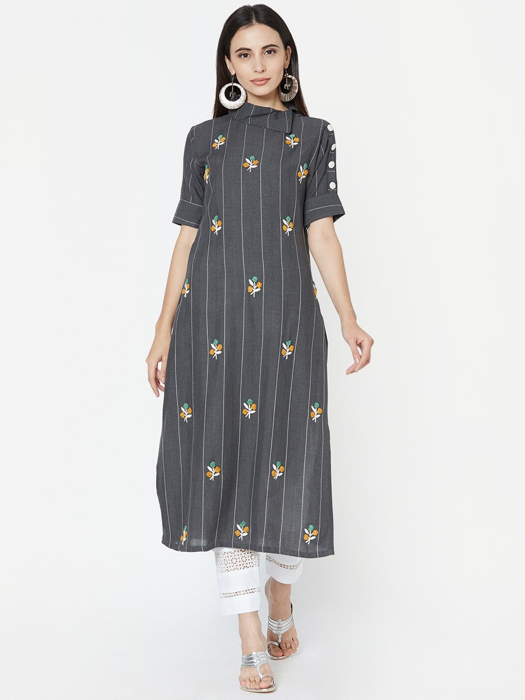 

FASHOR Women Grey Embroidered A-Line Kurta