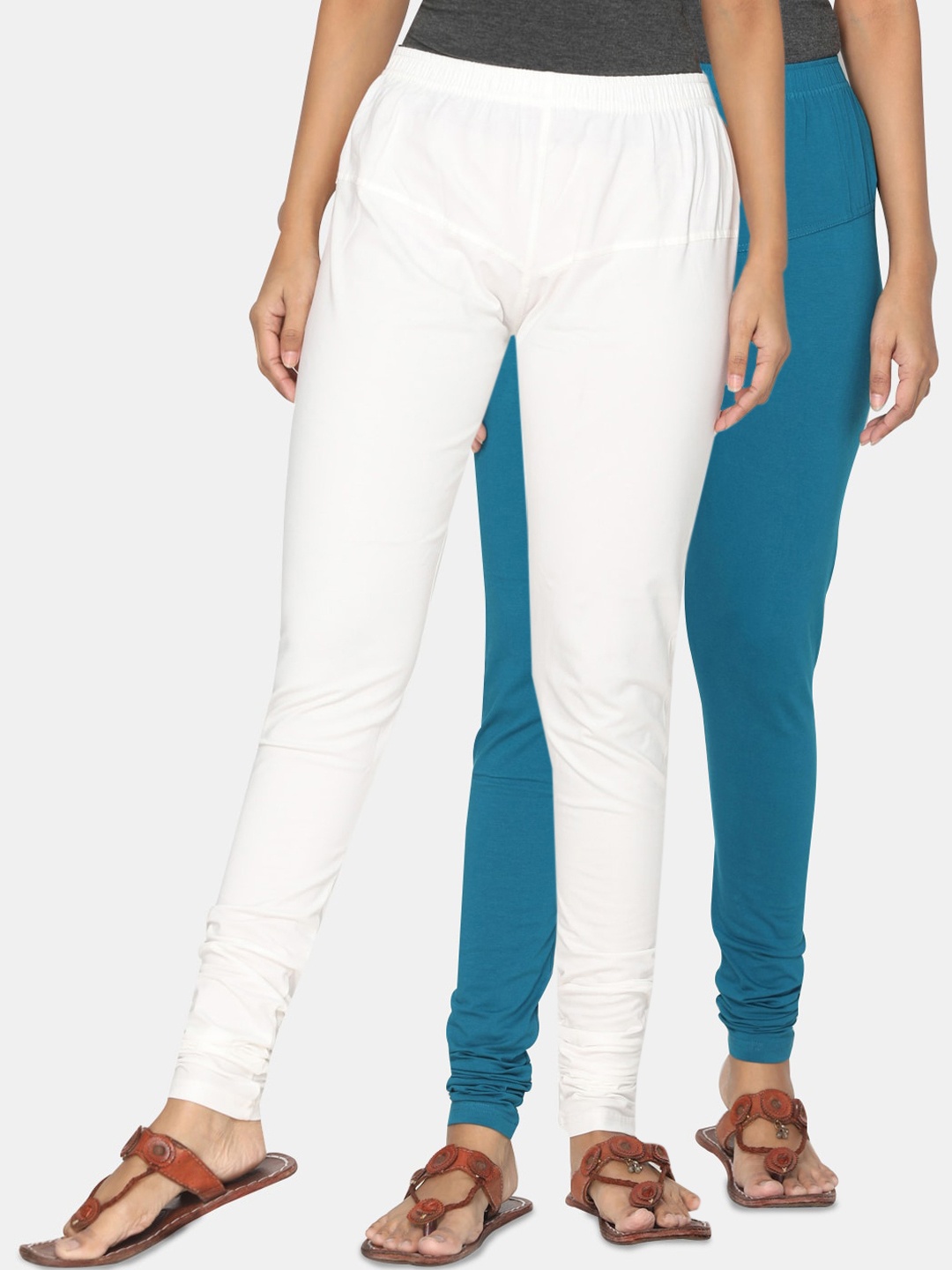

TSG Bliss Women Pack Of 2 Off-White & Blue Solid Churidar-Length Leggings