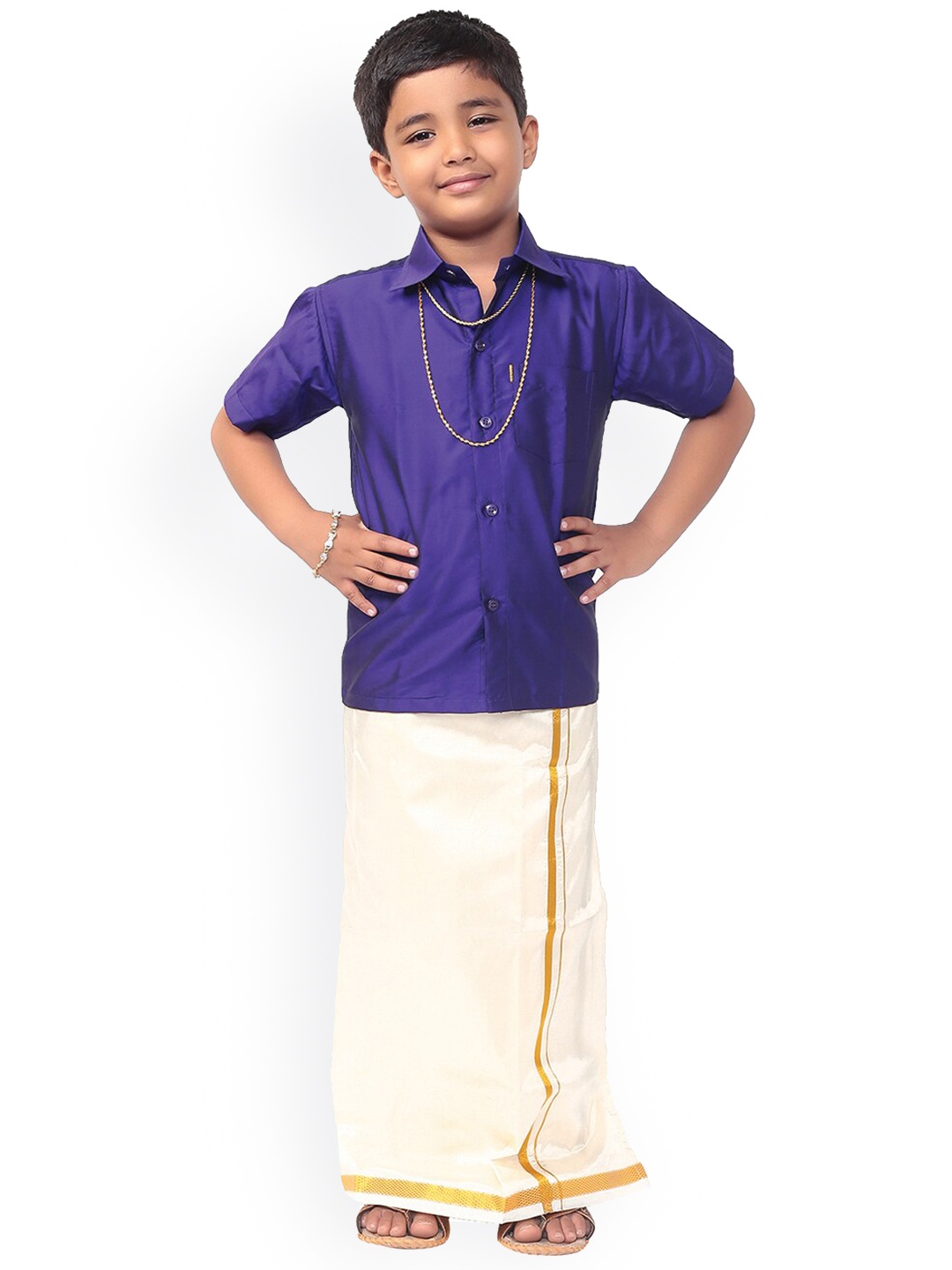 

Thangamagan Boys Navy Blue & Off- White Solid Shirt and Veshti
