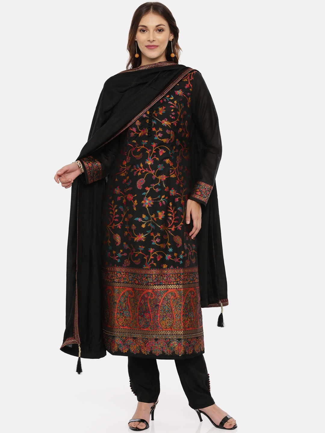 

Neerus Women Black Woven Design Silk Kurta with Trousers & Dupatta
