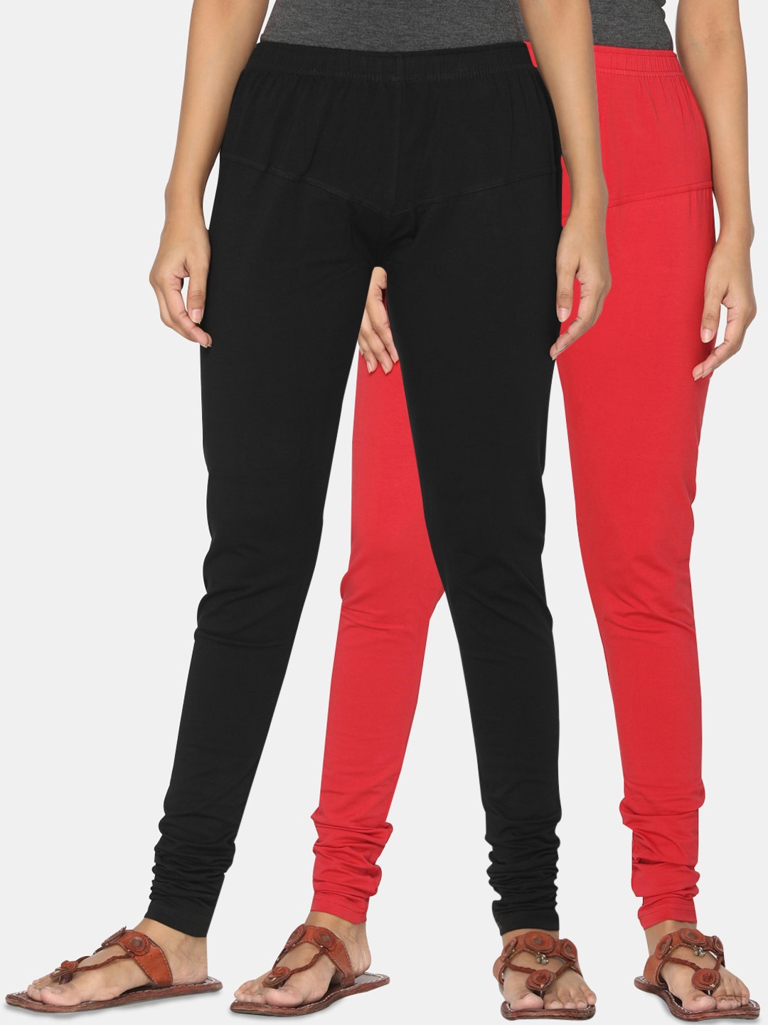 

TSG Bliss Women Pack Of 2 Black & Red Solid Churidar-Length leggings