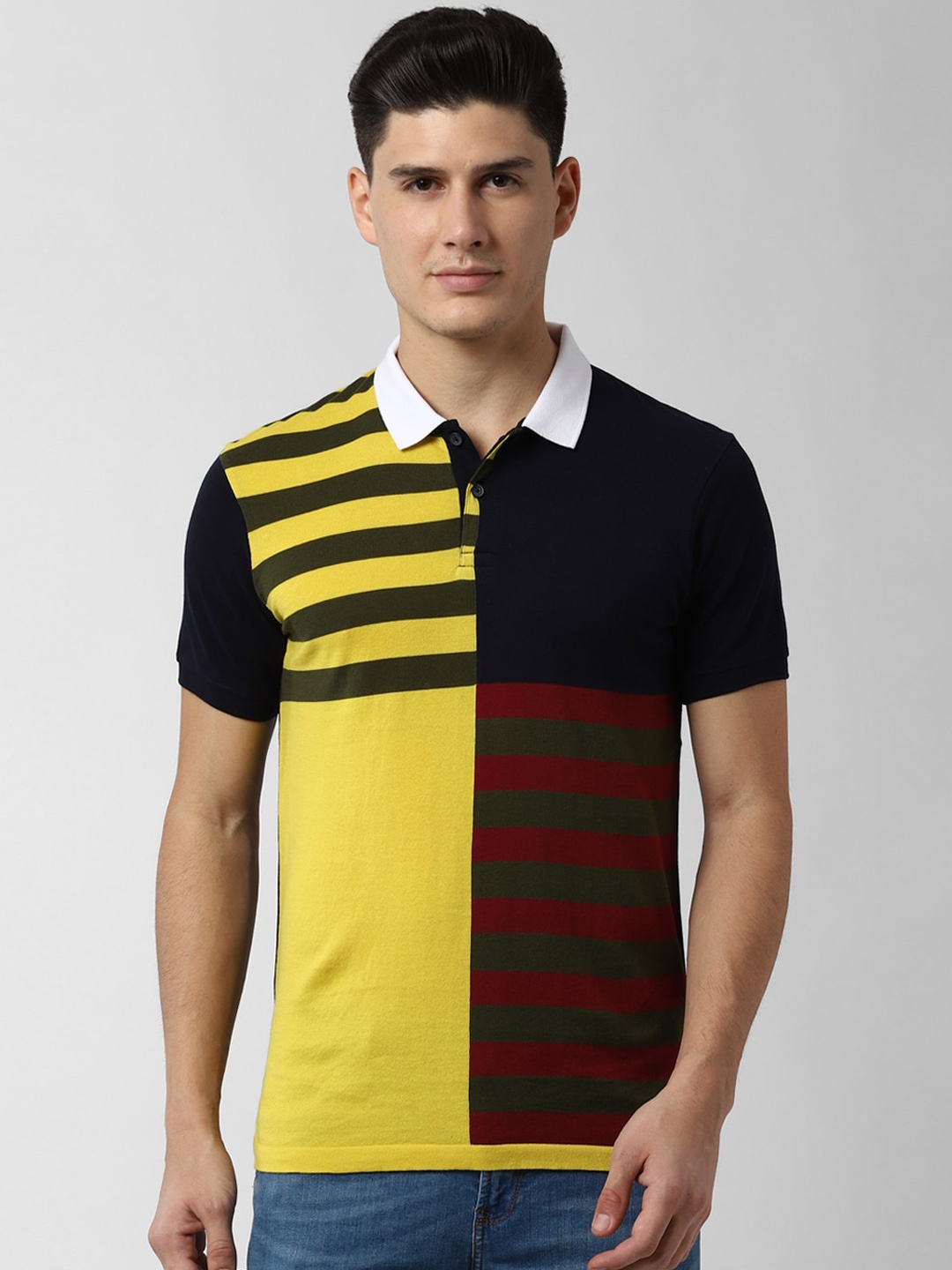 

Peter England Casuals Men Multicoloured Colourblocked Polo Collar Pure Cotton T-shirt, Multi