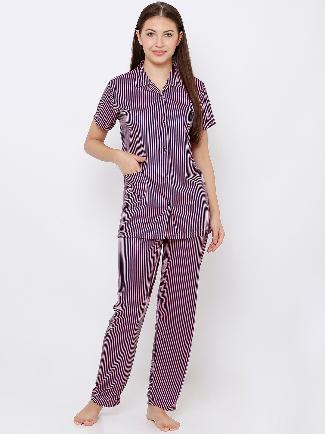 

Pretty Awesome Women Pink & Black Striped Sustainable Night Suit
