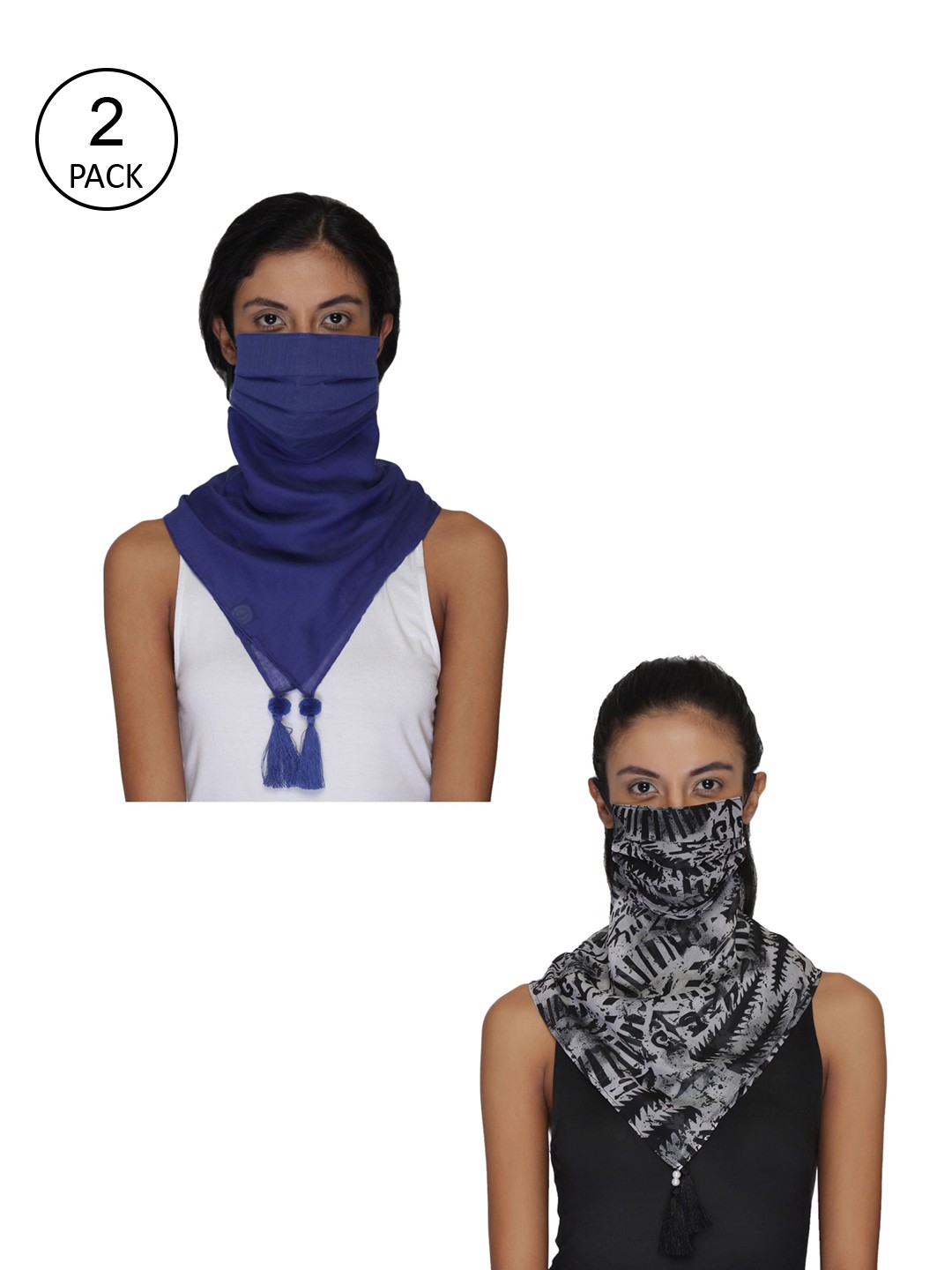 

Anekaant Women Pack Of 2 Printed 3-Ply Reusable Scarf Style Fashion Masks, Black