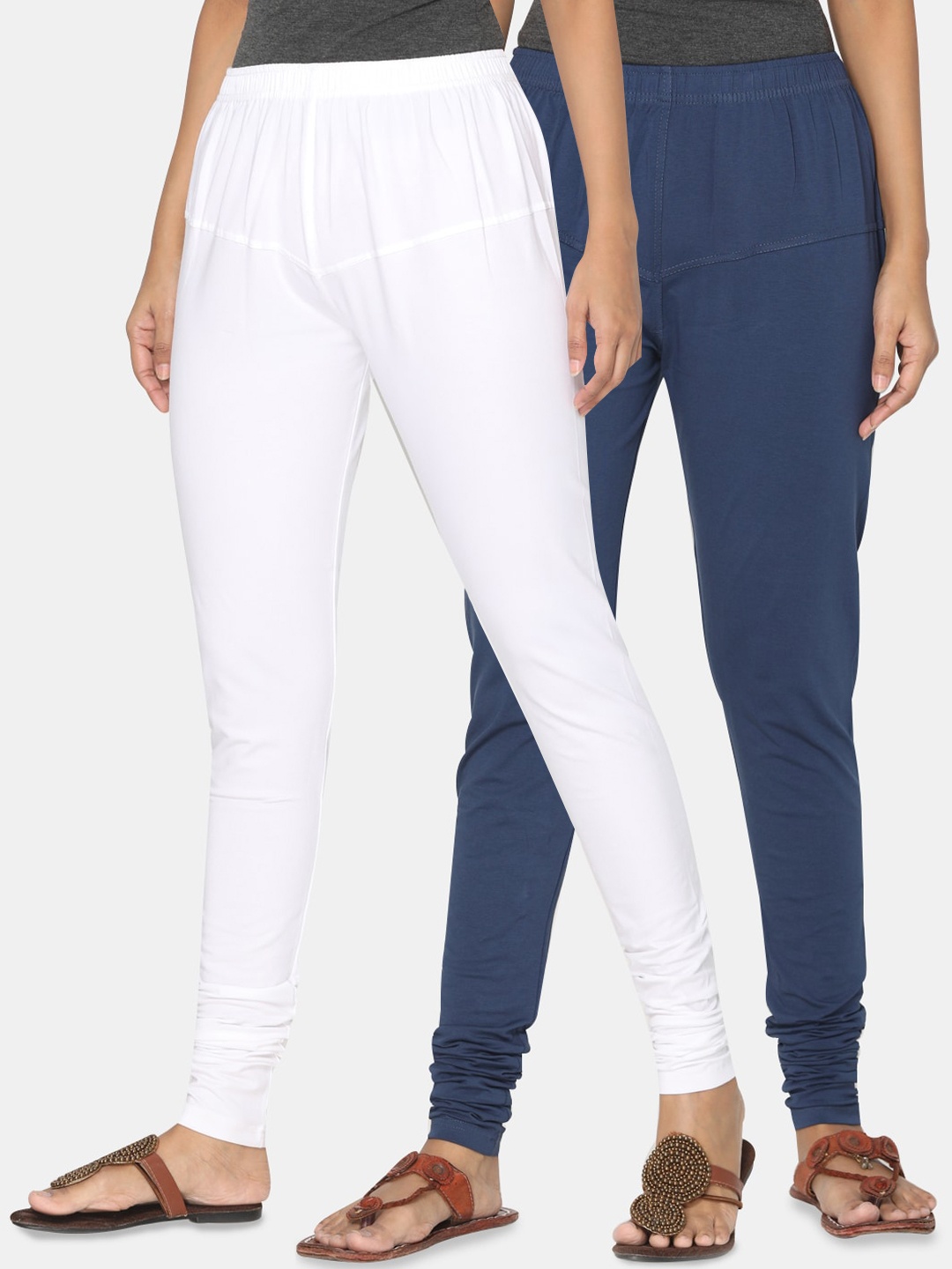 

TSG Bliss Women Pack Of 2 White & Navy Blue Solid Churidar-Length Leggings