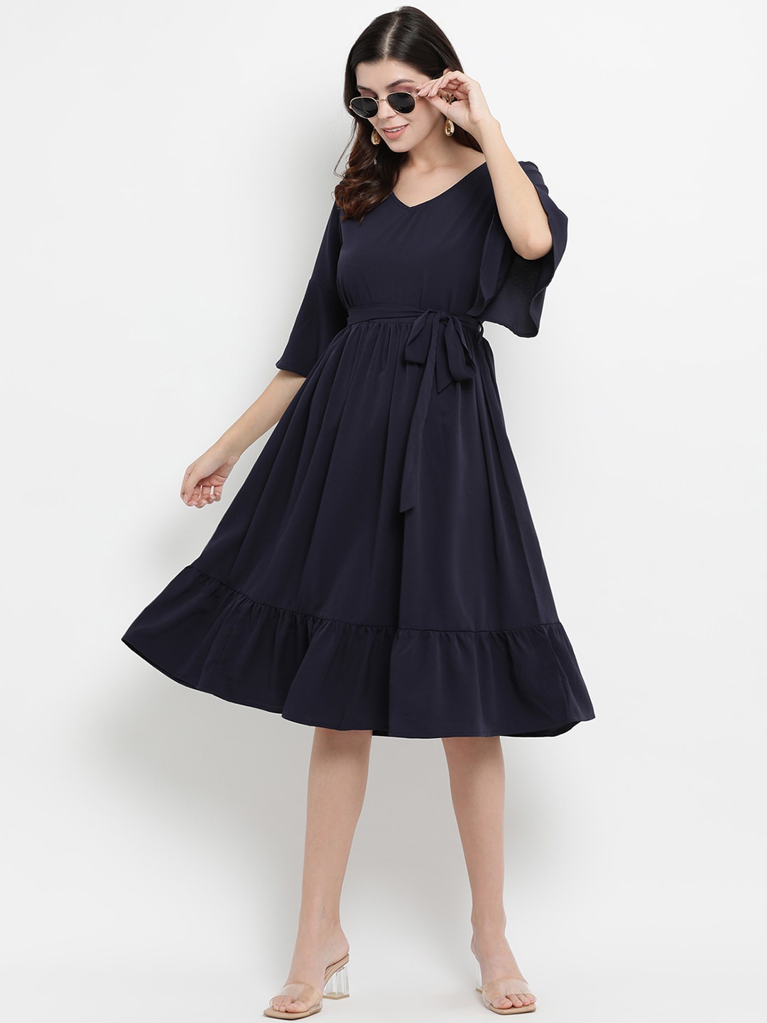 THREAD MUSTER Women Navy Blue Solid Fit and Flare Dress