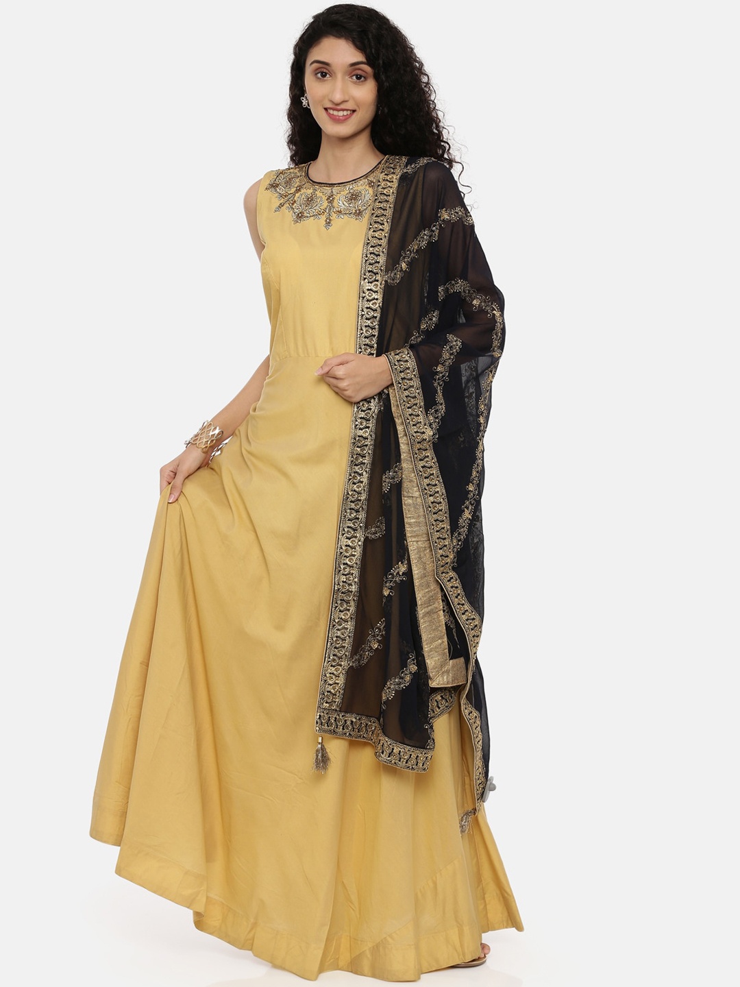 

Neerus Women Beige Embroidered Kurta with Palazzos & Dupatta