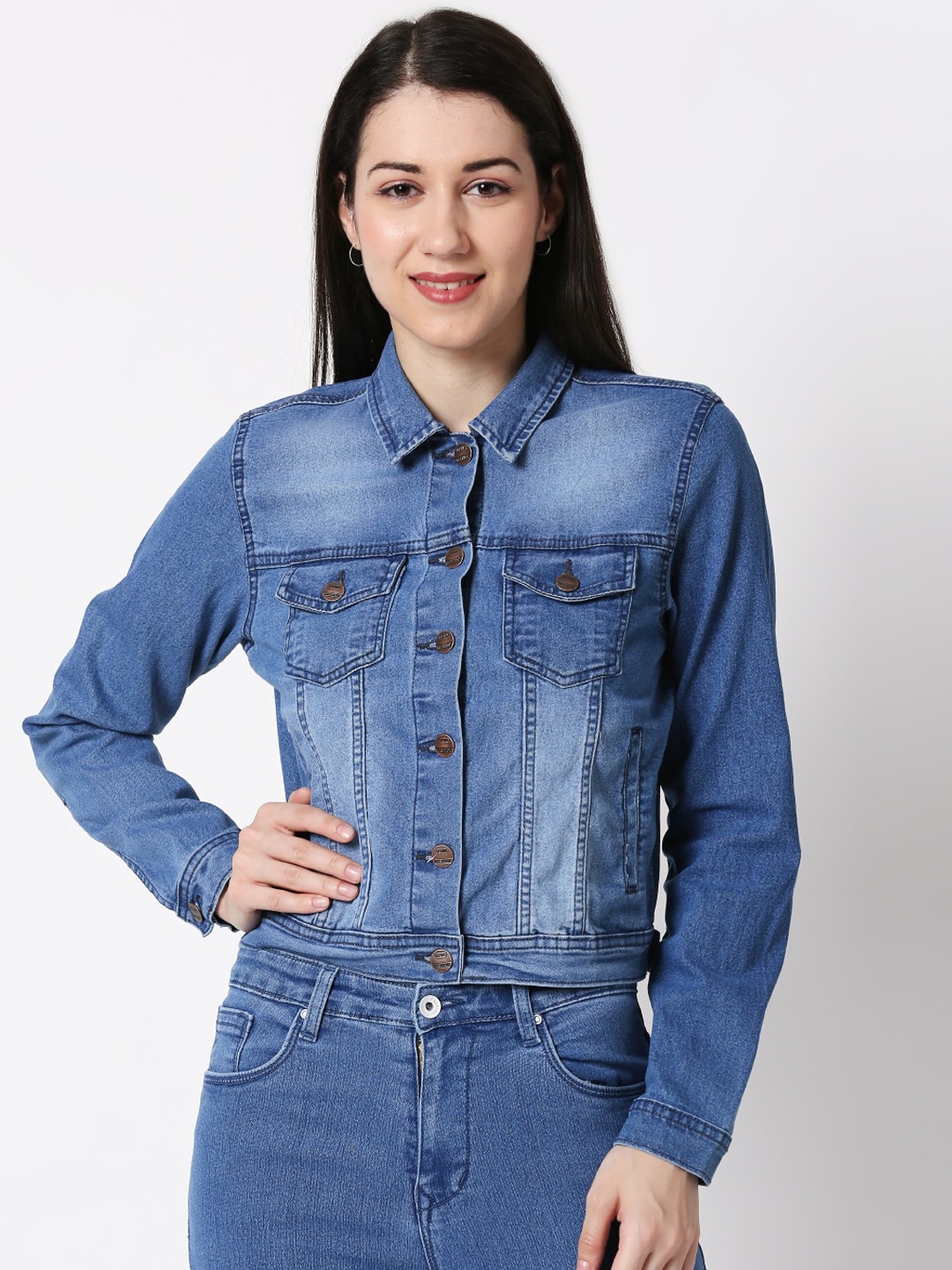 

High Star Women Blue Solid Denim Jacket