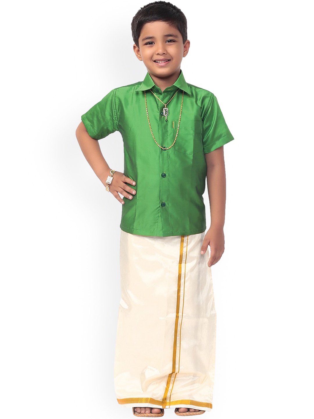 

Thala-thalapathy Boys Green & White Solid Shirt and Veshti With Gift Set