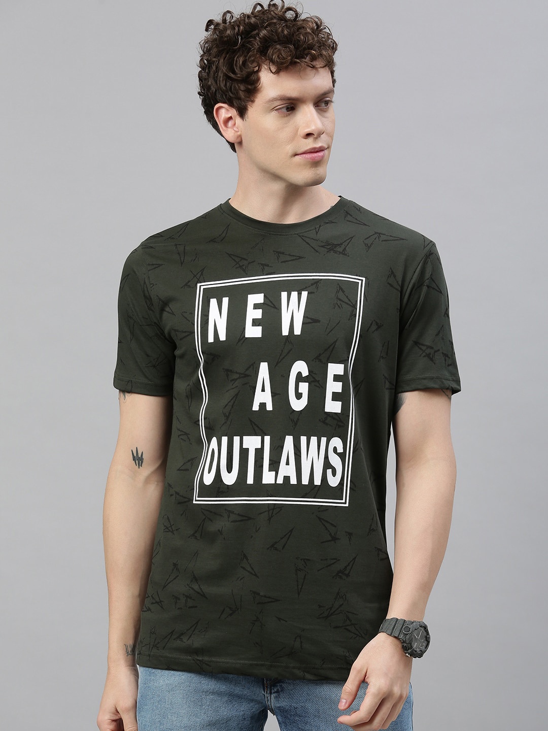 

Kryptic Men Olive Green Printed Round Neck Pure Cotton T-shirt