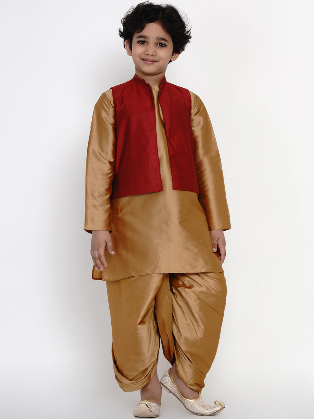 

Bittu By Bhama Boys Gold-Toned & Maroon Solid Kurta with Dhoti Pants
