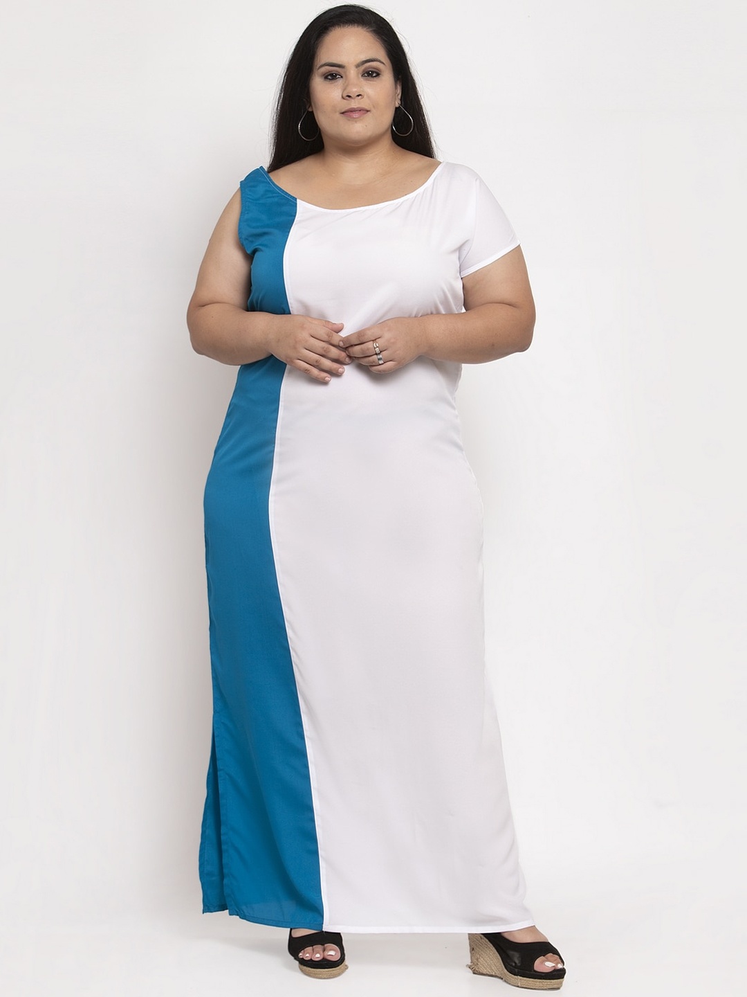 

Flambeur Women White & Blue Colourblocked Maxi Dress