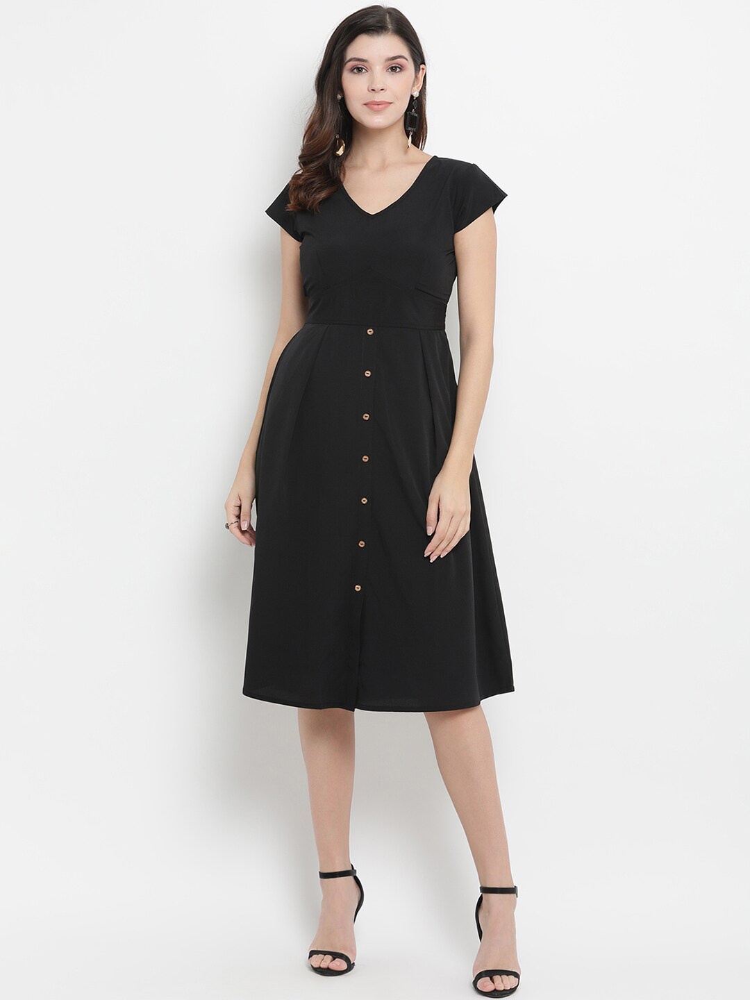 

THREAD MUSTER Women Black Solid Fit and Flare Dress
