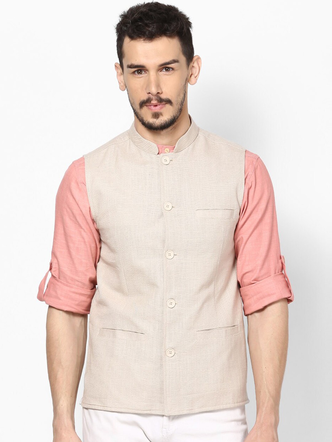 

even Men Beige Woven-Design Nehru Jacket
